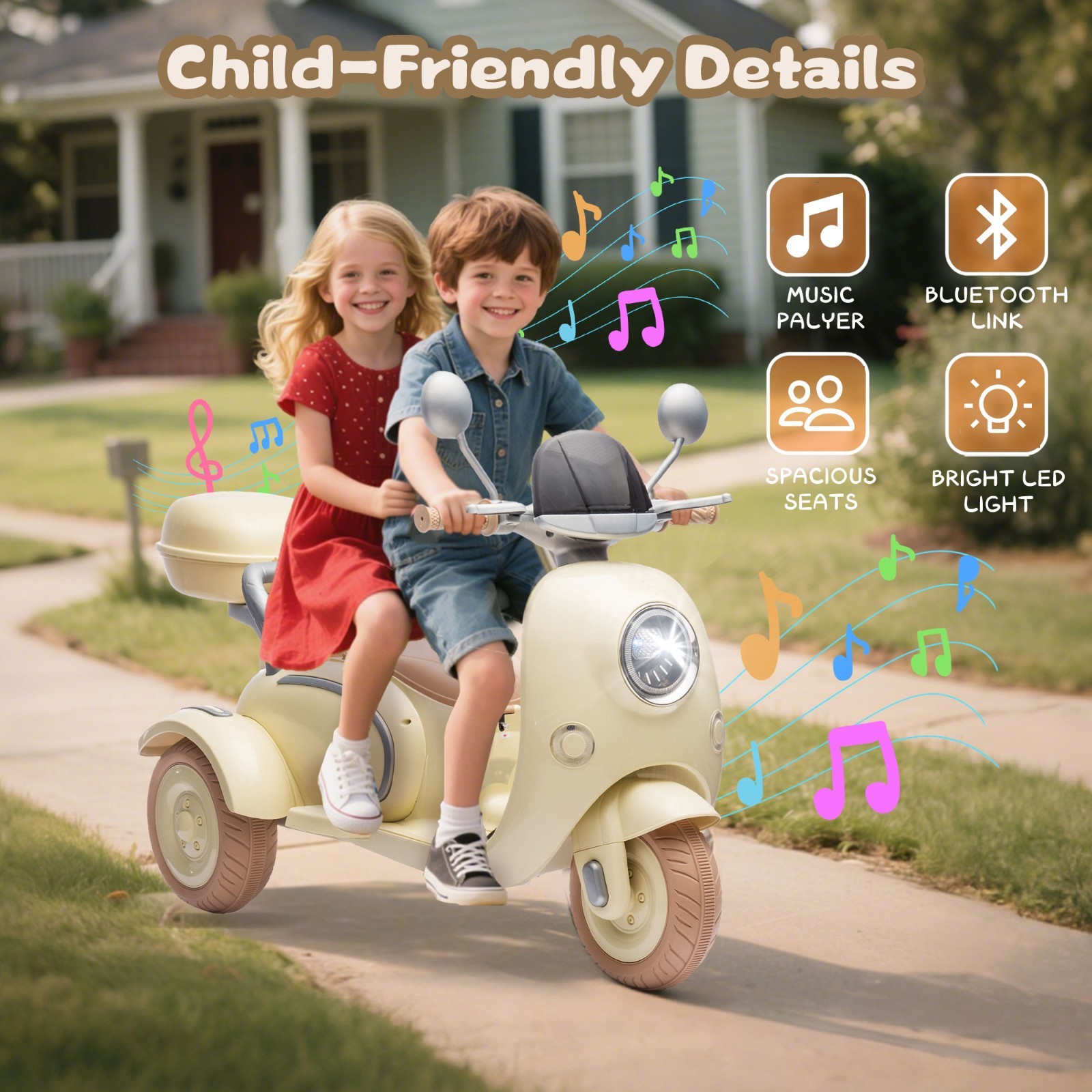 12V Ride on toys Kids Electric Motorcycle 2 Seater w/Bluetooth,LED, Beige