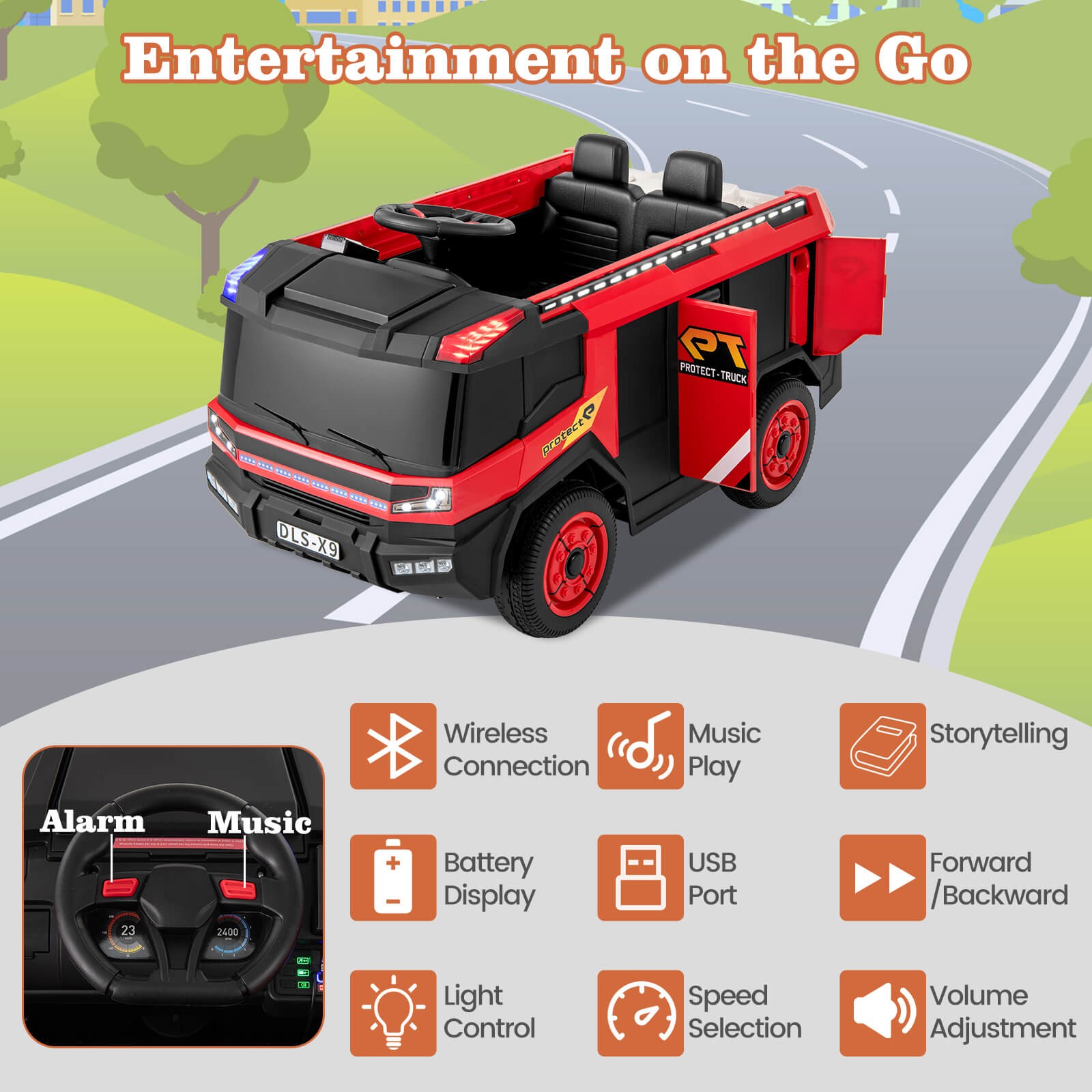 2-Seater Kids Ride on Fire Truck w/Remote Control Water Gun Extinguisher Shovel