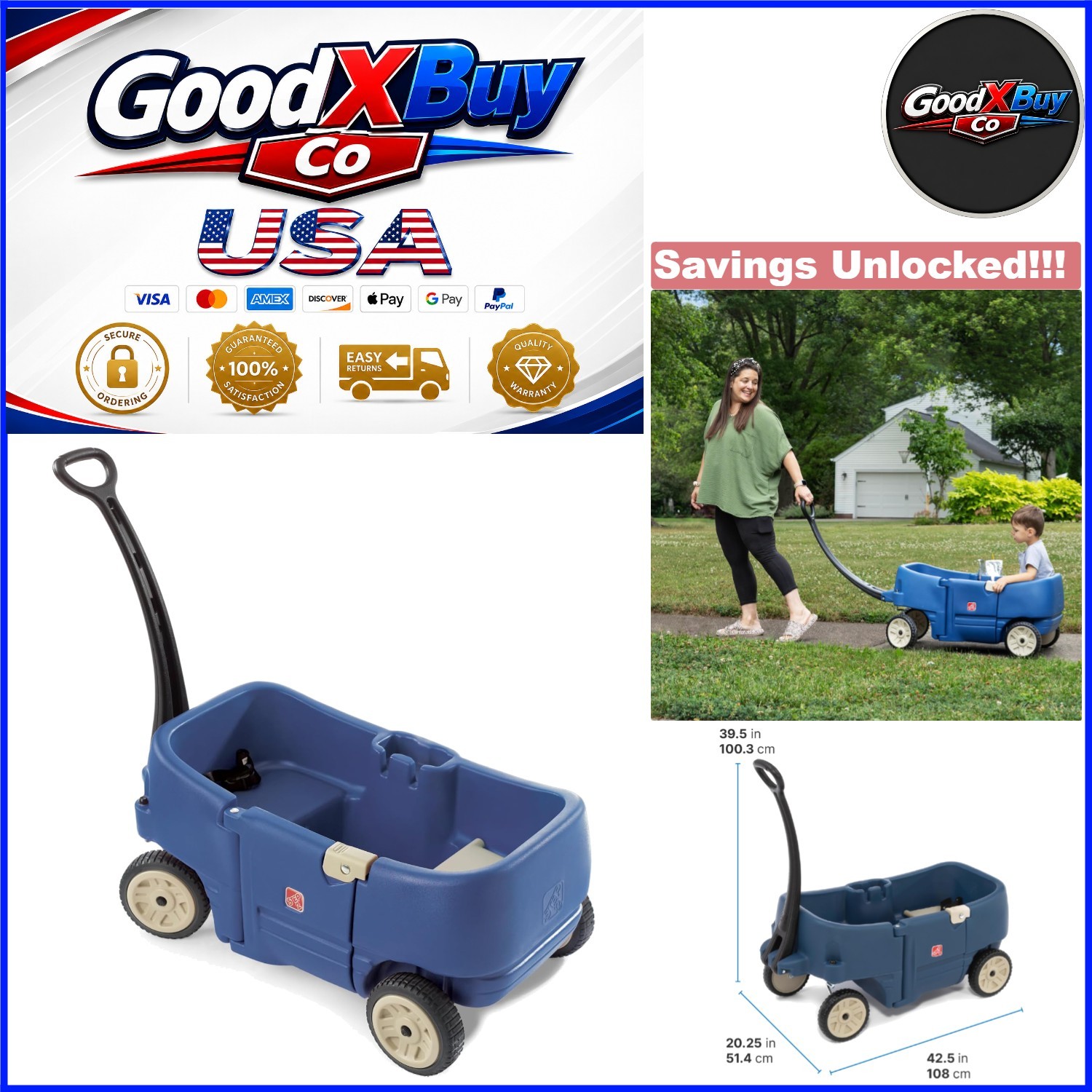 Kids Ride On Wagon for Toddlers 1.5-5 Blue Durable Plastic
