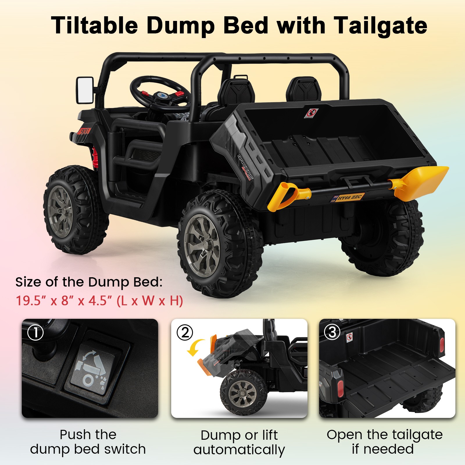 12V 2 Seater Ride On UTV Dump Truck Remote w/ Electric Dump Bed & Shovel Black