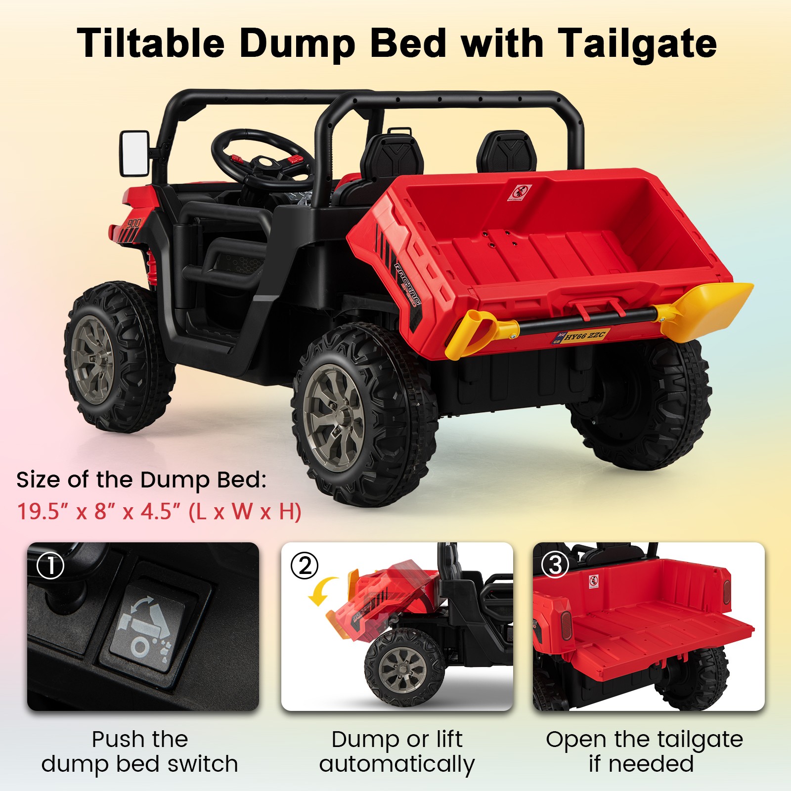 12V 2 Seater Ride On UTV Dump Truck Remote w/ Electric Dump Bed & Shovel Red