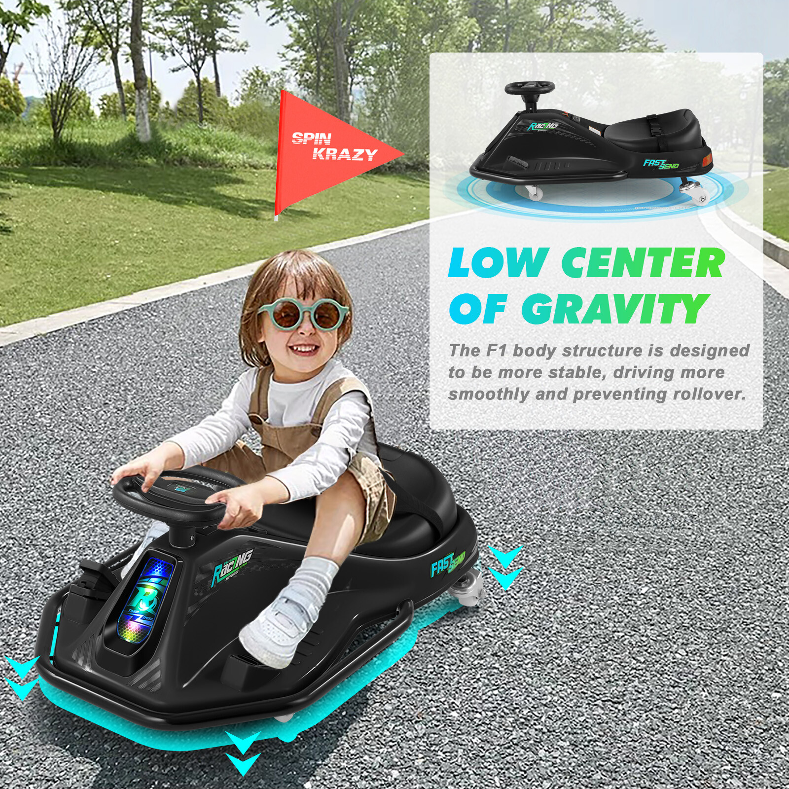JOYLDIAS Black 24V Powered Kids Ride On Drifting Go Kart Variable Speed Cart360°