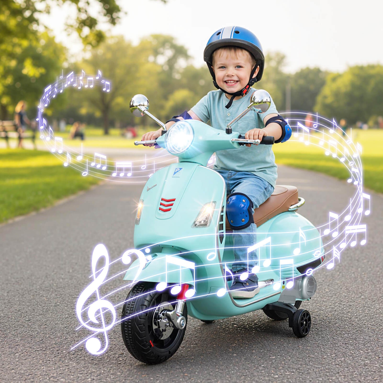 Licensed VESPA 12V Kids Electric Motorcycle w/Music Horn Story Training Wheels