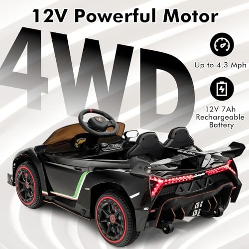 Kids Ride-On Car, 2 Seater, 12V 4WD, Lamborghini Veneno Powered, Black