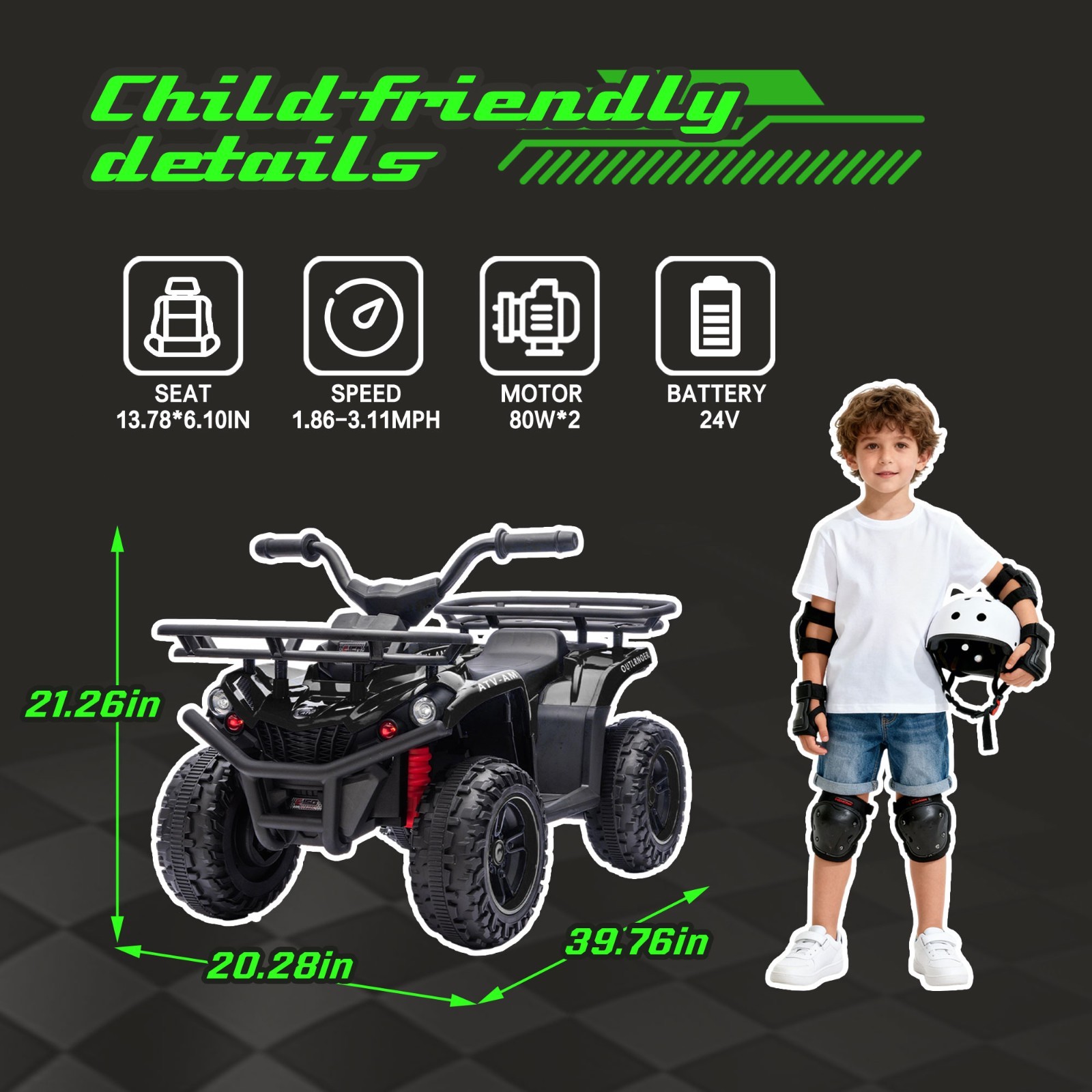24V Kids Ride On ATV, 160W Off-Road Toys w/LED, Dual Storage Racks,Black