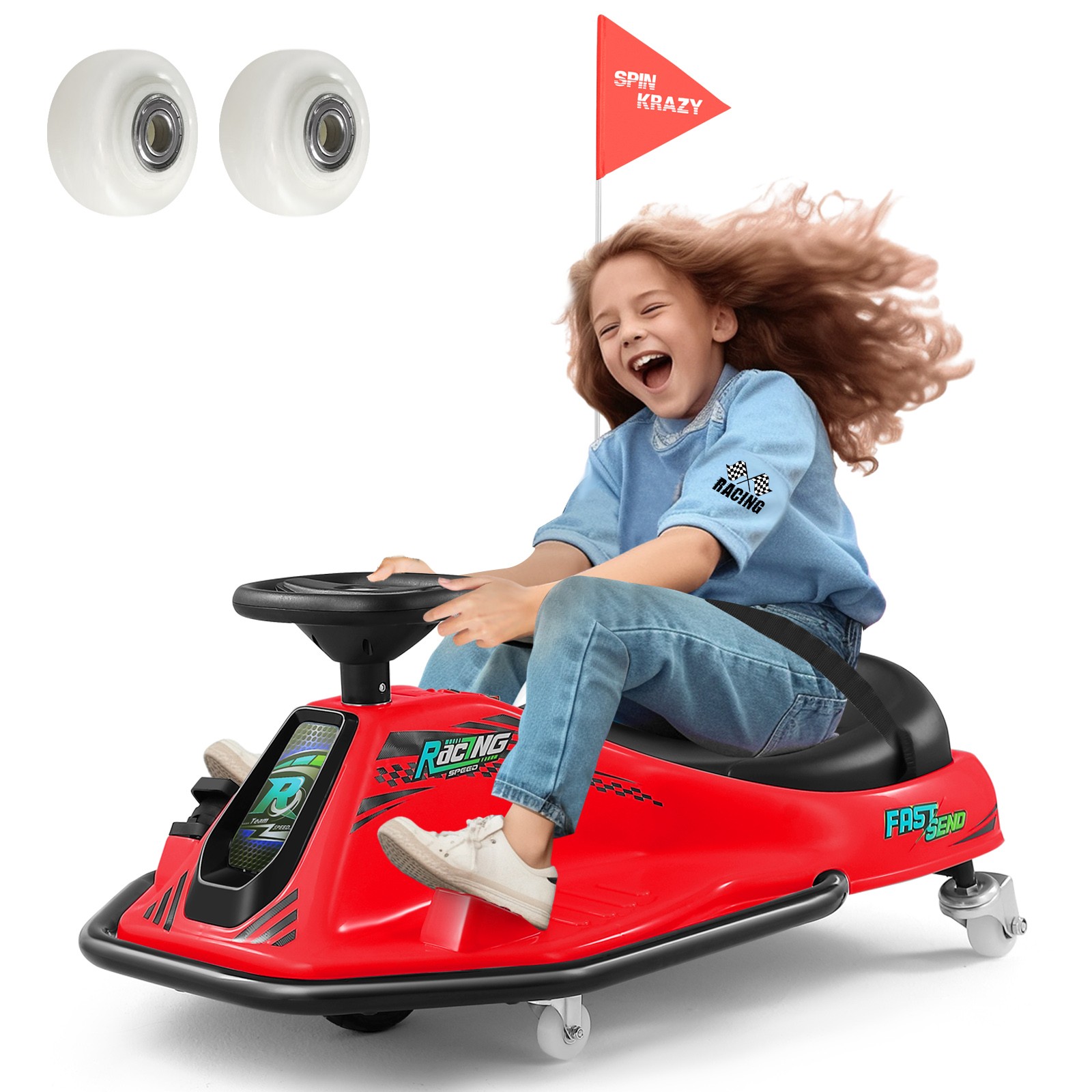 24V Kids Red Drifting Go Kart 360° Ride On Cart with Bluetooth