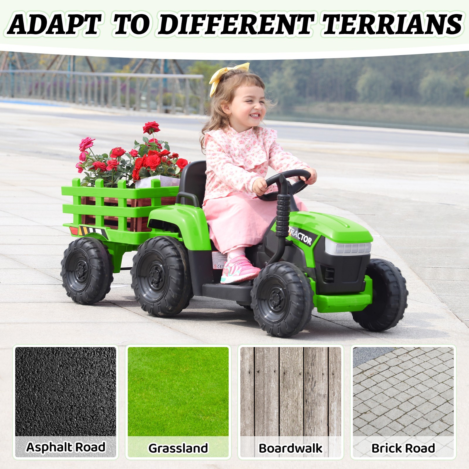 TOBBI 12V Battery-Powered Tractor Kids Ride-On Cars Electric Vehicle w/ Trailer