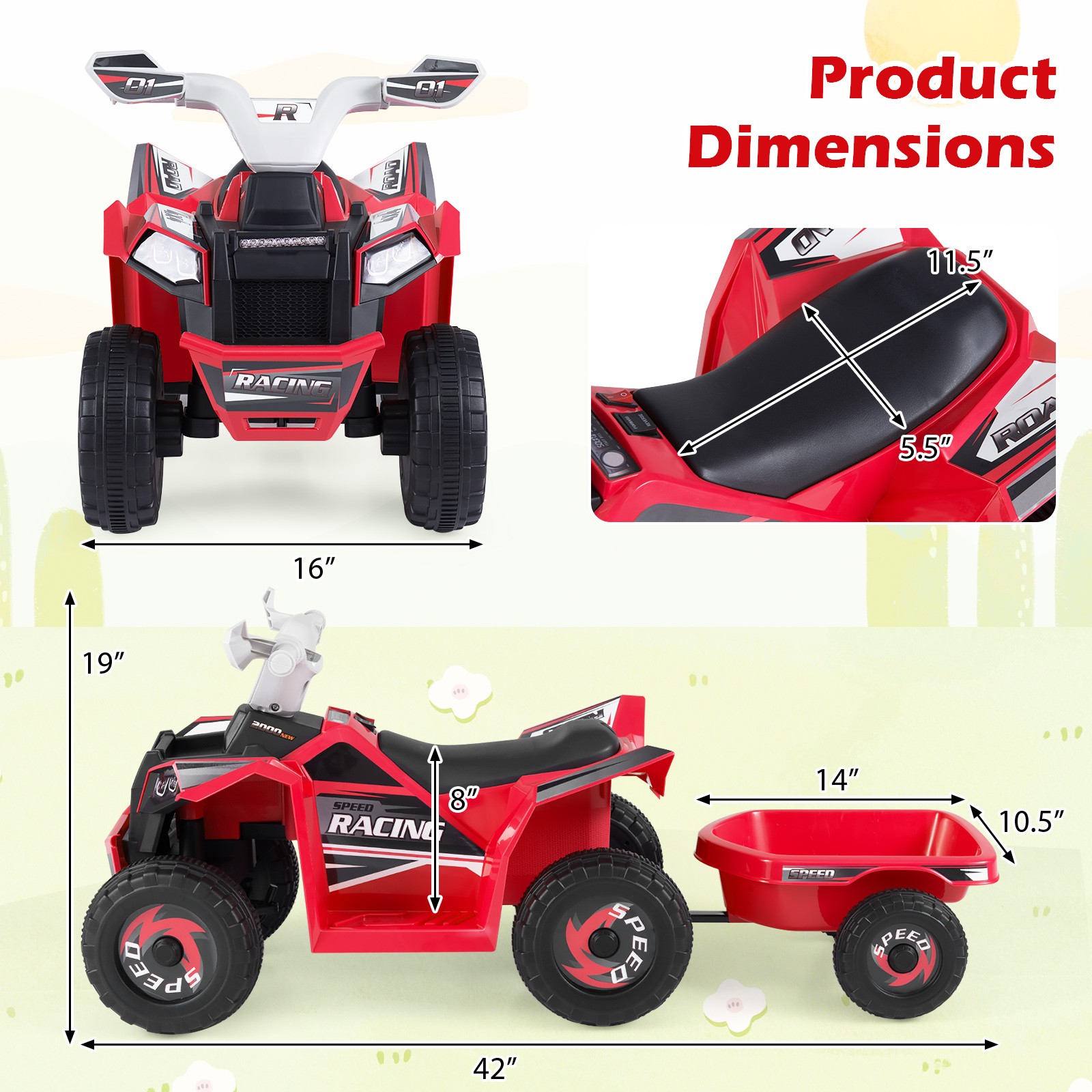 Kids Electric ATV Car, 6V Battery-Powered Ride on Toy w/Removable Back Trailer