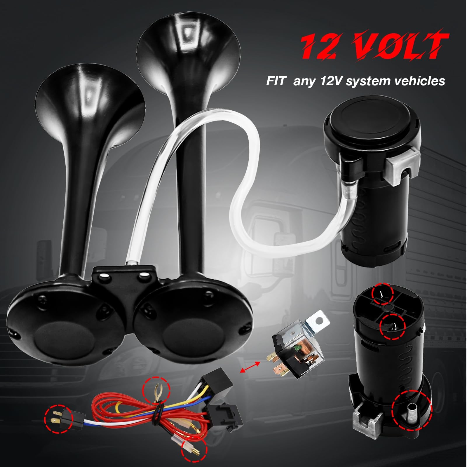 Black Dual 12V Air Horn Kit 150DB Train Horns 120 PSI Compressor Vehicles