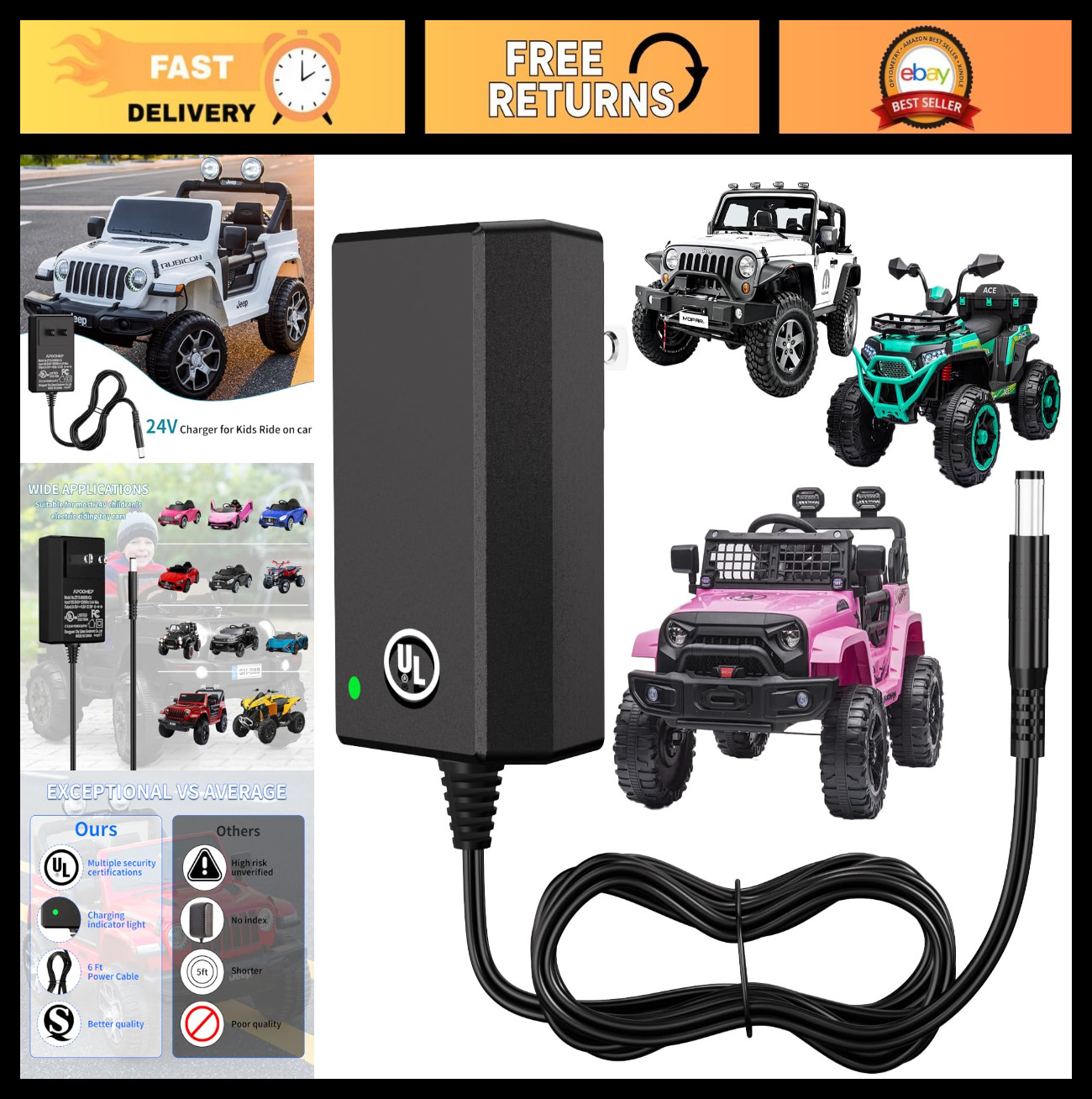 24V Battery Charger for Kids Ride-On Toys, Electric Cars, UL Certified, Safe & S