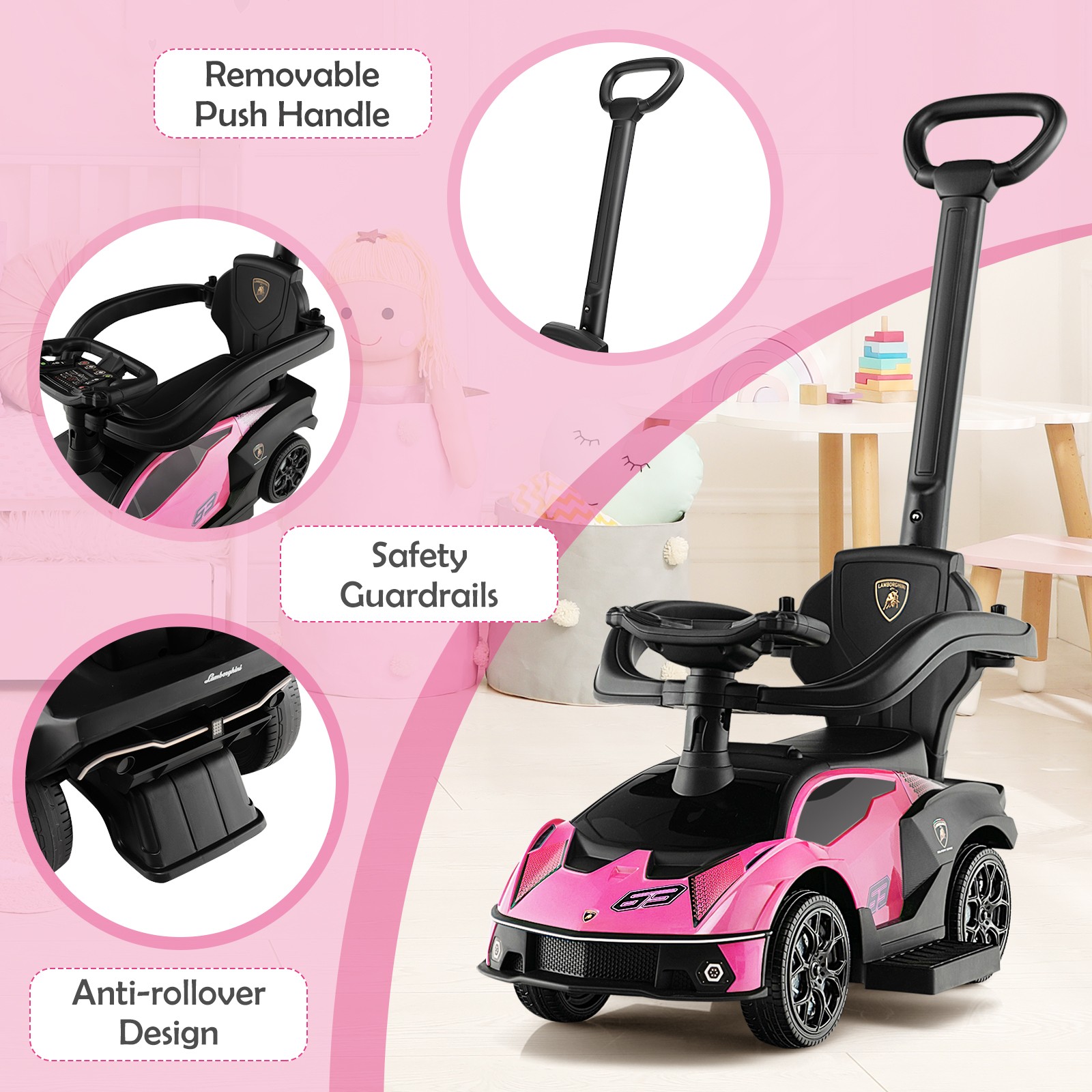 3-in-1 Licensed Lamborghini Ride on Push Car Stroller Sliding Car w/ Sound Pink