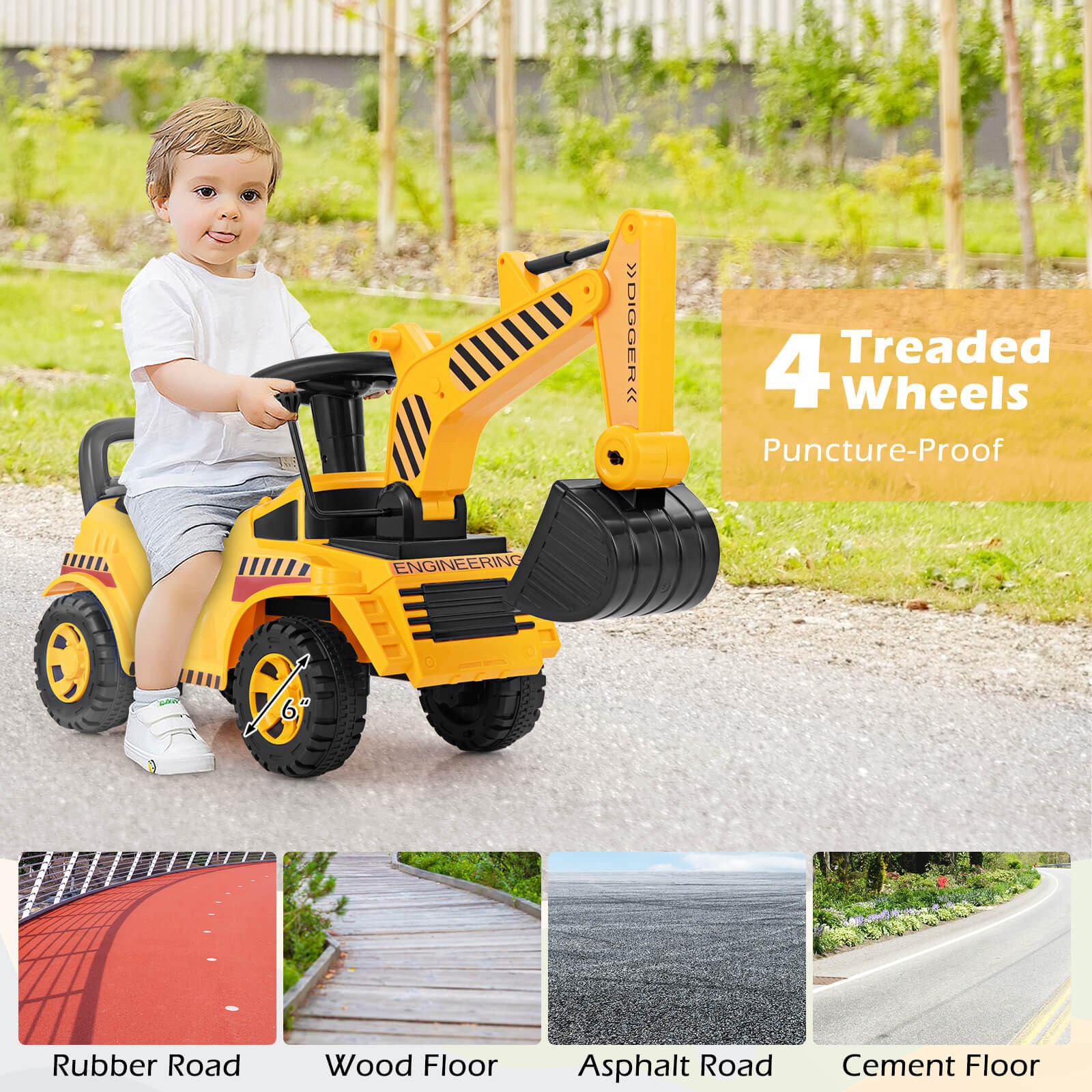 Kids Ride on Excavator w/ Adjustable Shovel Anti-Tipping Block Engine Sound