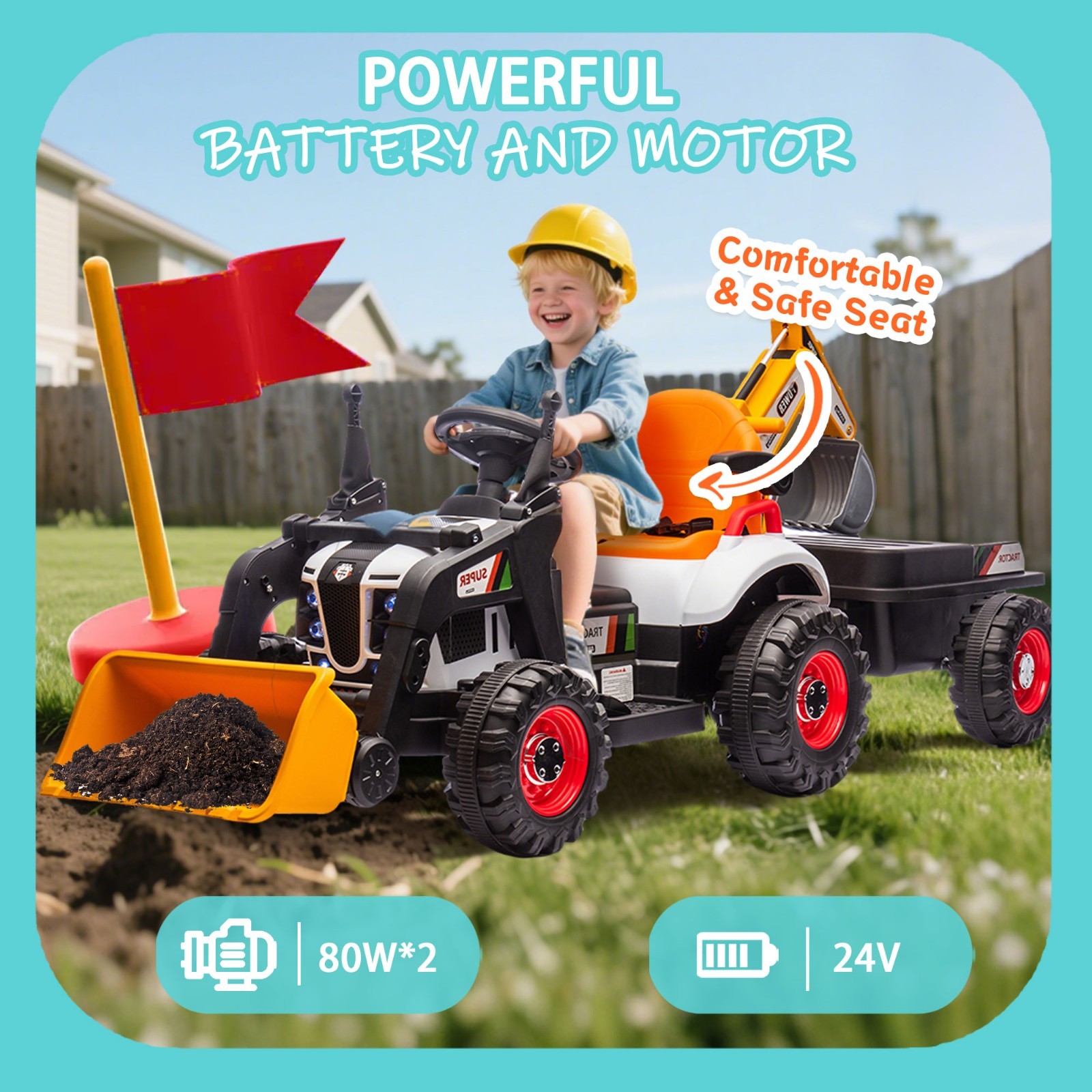 24V Kids Ride On Tractor Electric Car w/Remote,LED Tail-light,3 Speed Toy,Orange