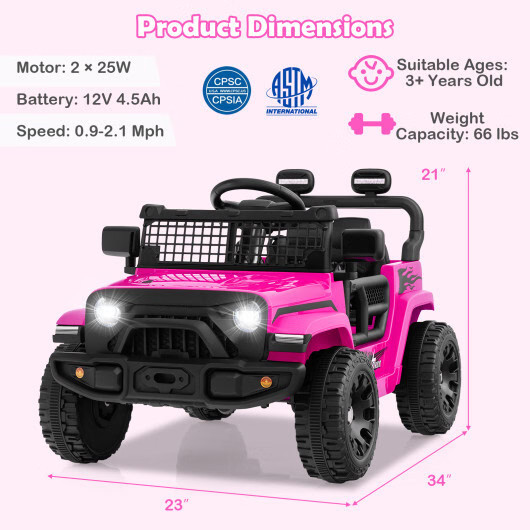 12V Kids Ride On Truck Car – Battery Powered Electric Vehicle Pink