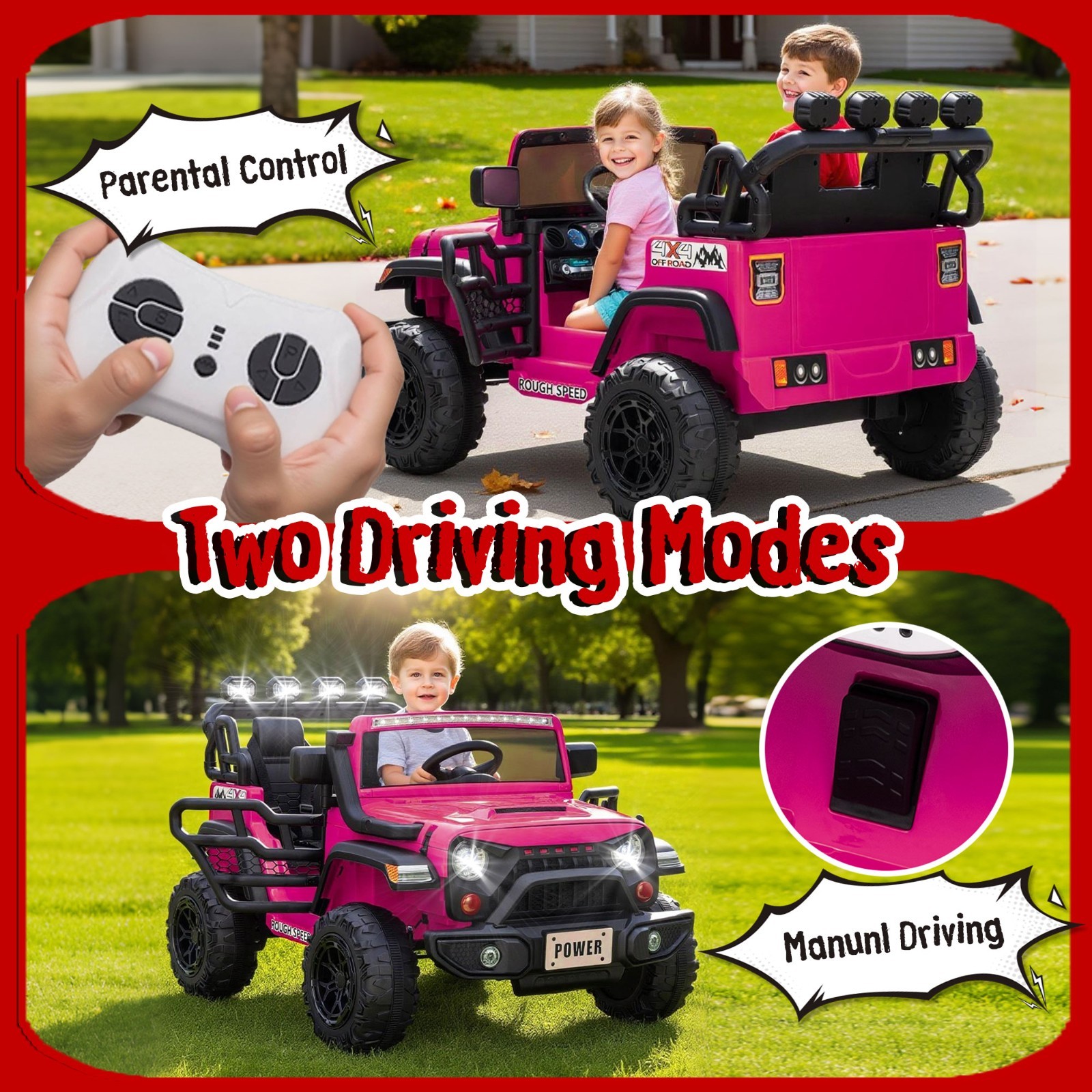 24V 2 Seater Electric Car Ride on Truck for Kids w/Remote,Power Wheels Jeep,Pink