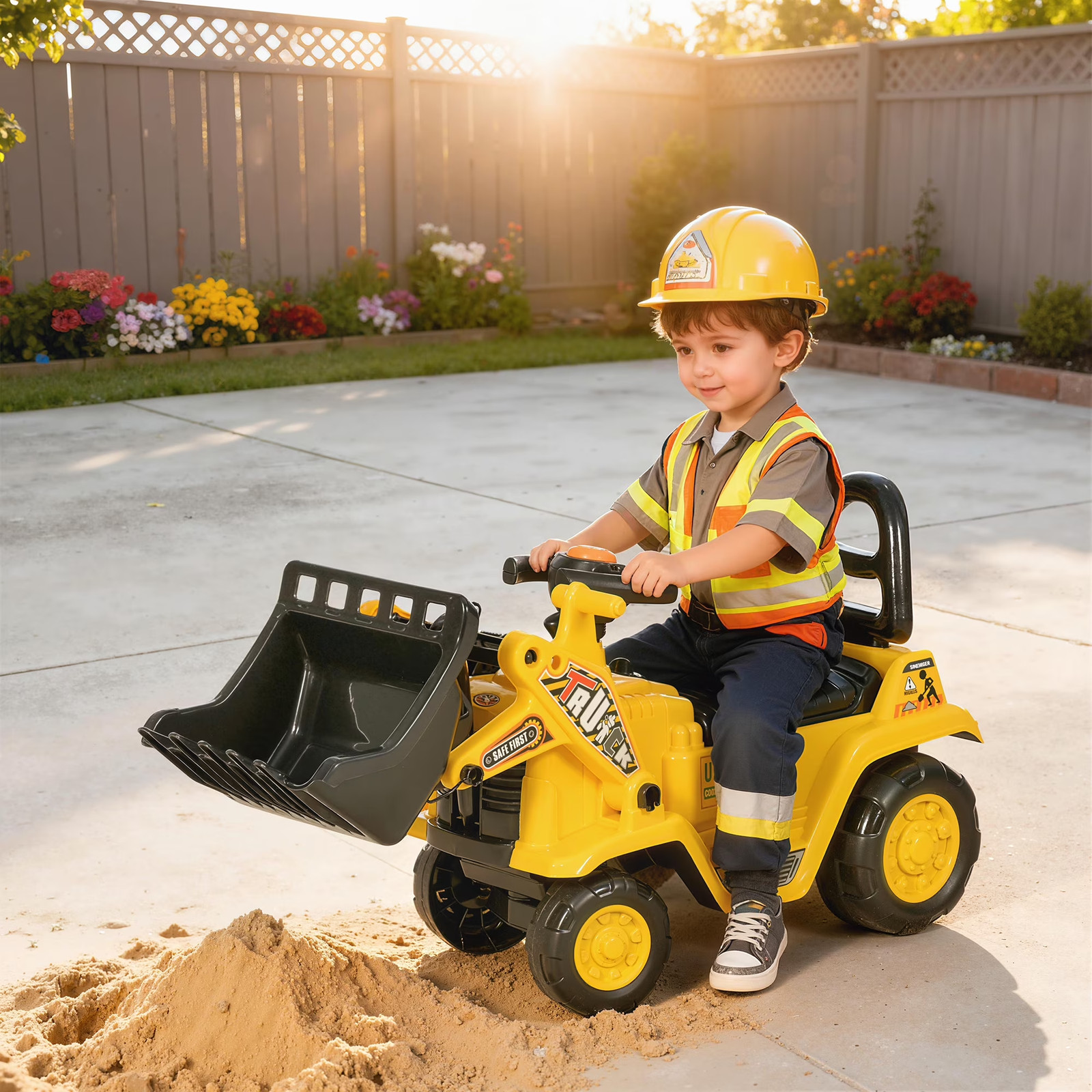 3-in-1 Kids Construction Ride On Toy Digger Excavator Scooter Pull Cart Play Tru