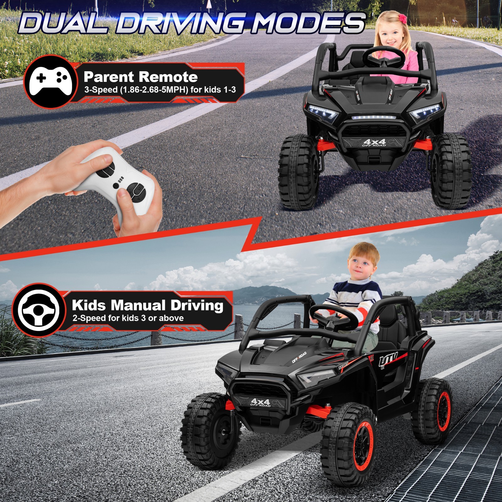 Kids Ride-On Car 2 Seater Black with Parent Remote, 4WD UTV, Bluetooth Music