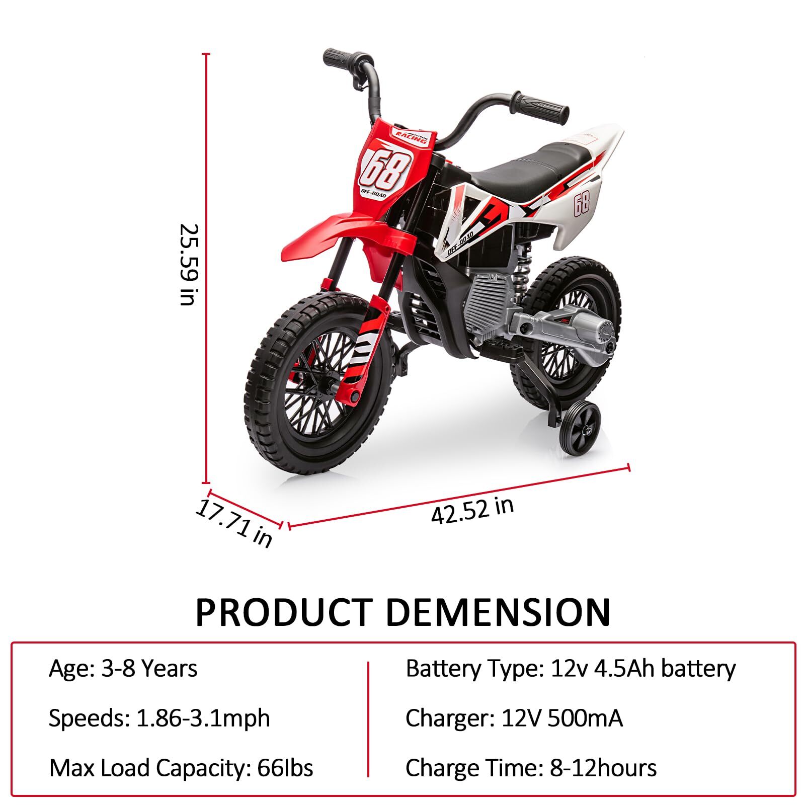 12V Kids Motorcycle, Kids Electric Dirt Bike with Traning Wheels for Kids Toddle
