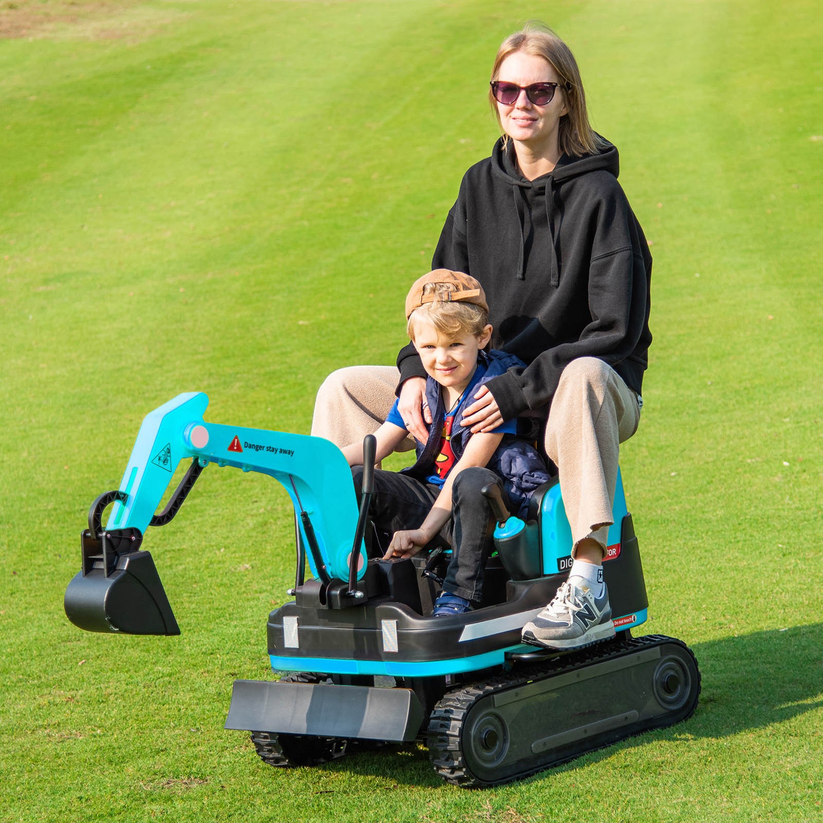 JOYLDIAS 12V12AH 360° Kids Blue Ride On Excavator Bulldozer Tracked Wheel,Remote