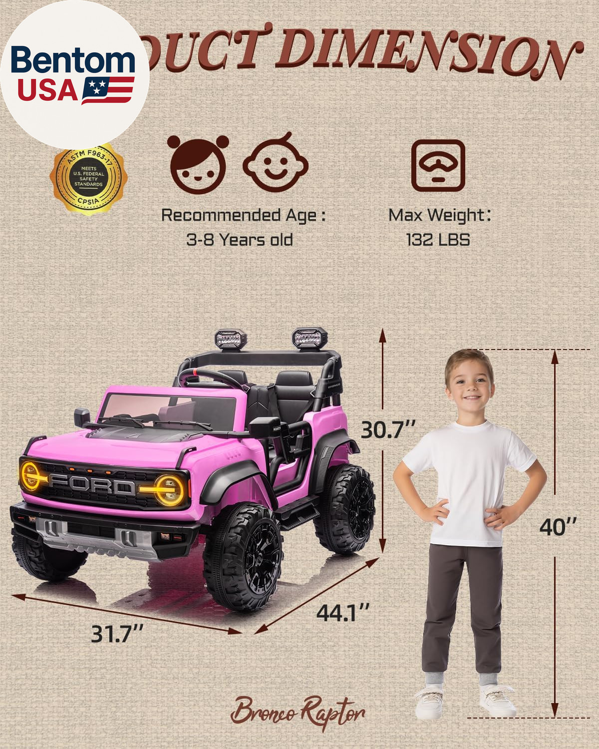 24V Ride on Toys for Big Kids, Licensed Ford Bronco Raptor 2 Seater Ride on Cars