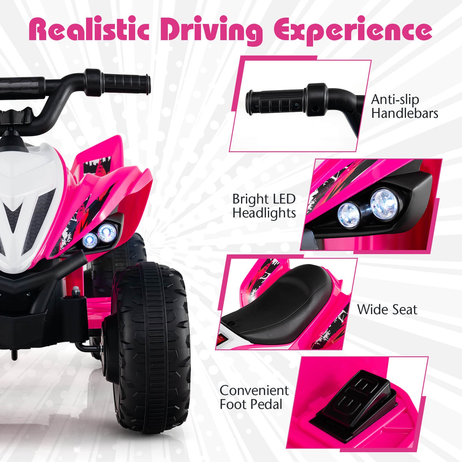 12V Quad 4 Wheeler Ride on Toy with Music, Light, USB Port, Wireless Connection