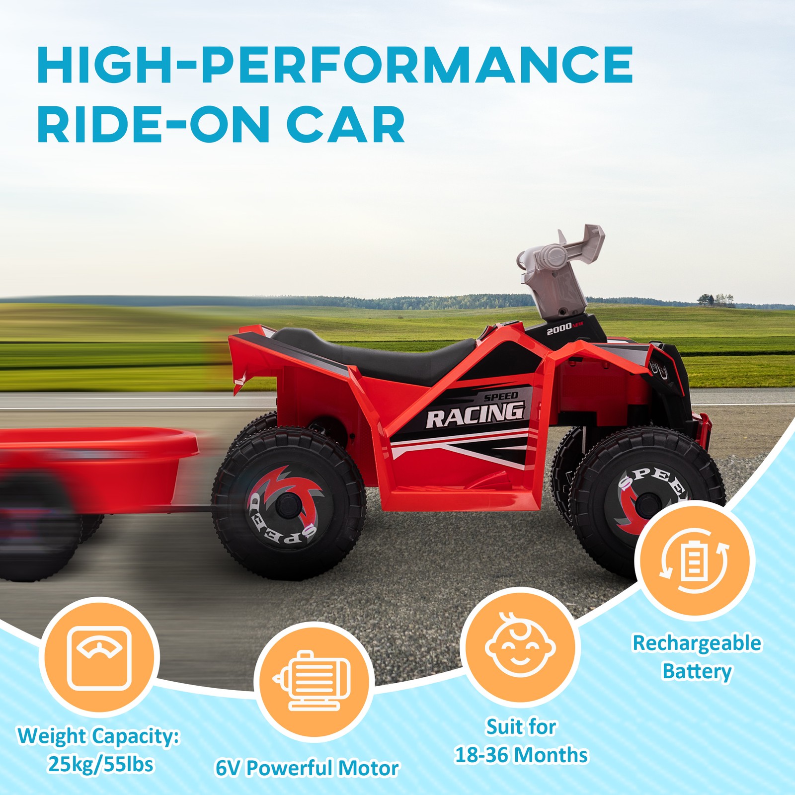 6V Kids ATV Quad Car with Back Trailer, Forward Backward Red