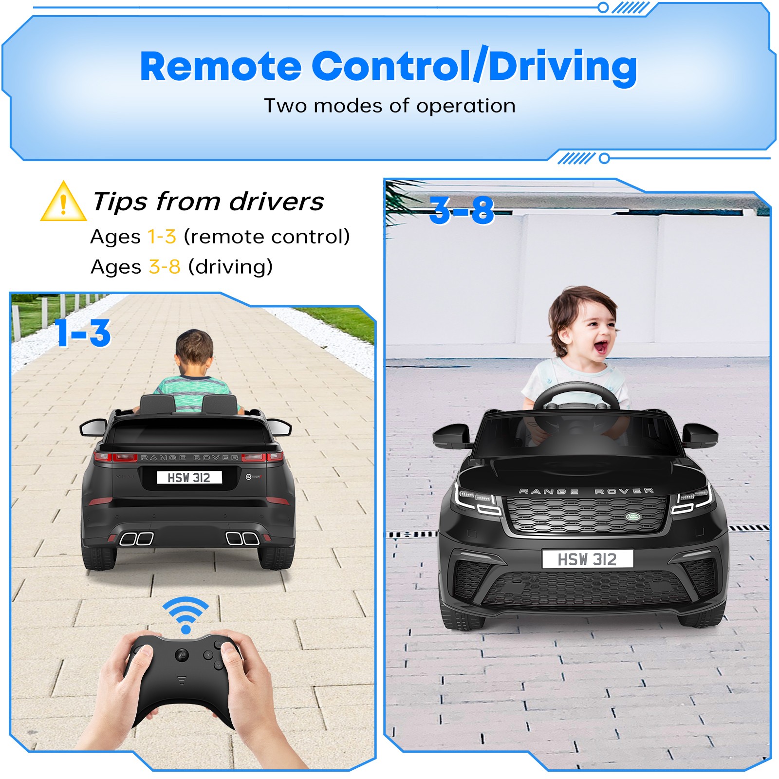 12V Land Rover Licensed Ride-On Car for Kids w/ Remote, LED Lights & Music,Black