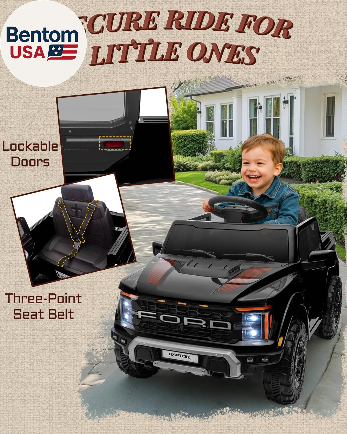 12V Licensed Ford F-150 Raptor Kids Ride on Toy, Ride on Truck with Parent Remot