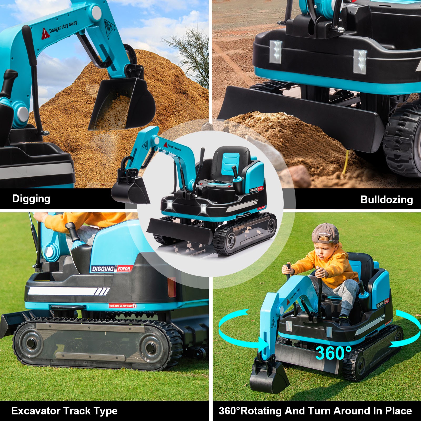 JOYLDIAS Blue 360° 12V Battery Kids Ride On Excavator & Bulldozer w/MP3,Remote