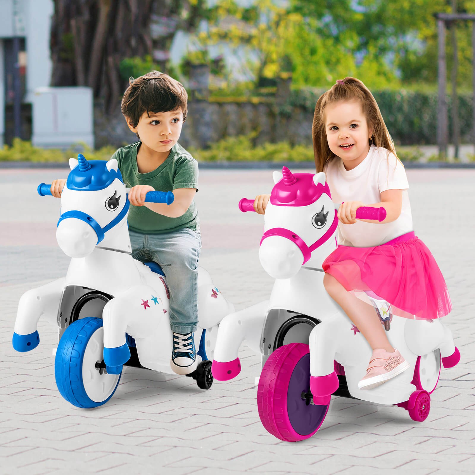 12V Kids Ride on Unicorn Toy w/ Training Wheels Music One-button Start Horse Toy