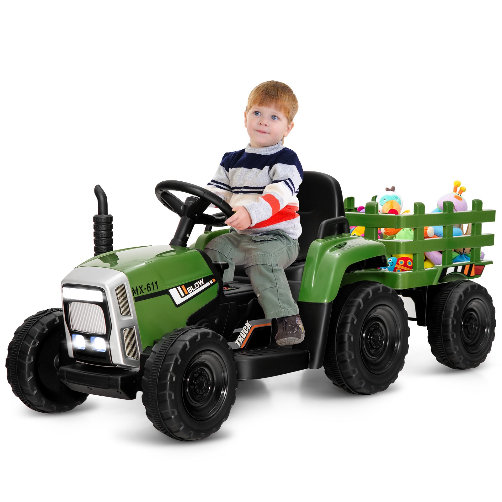 12V Kids Ride On Tractor with Trailer Ground Loader w/ RC & Lights Dark Green