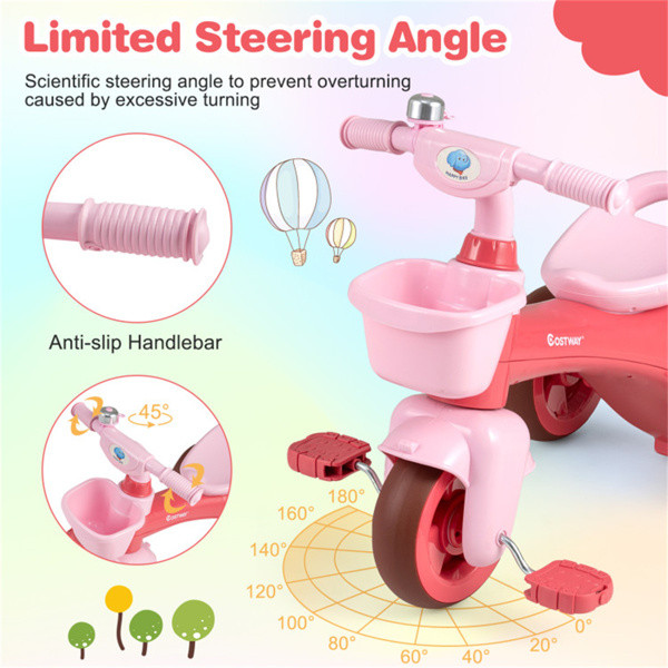 Kids Tricycle Ride With Storage Basket Bell Anti-Slip Pedal Stable 3-5 Years Old