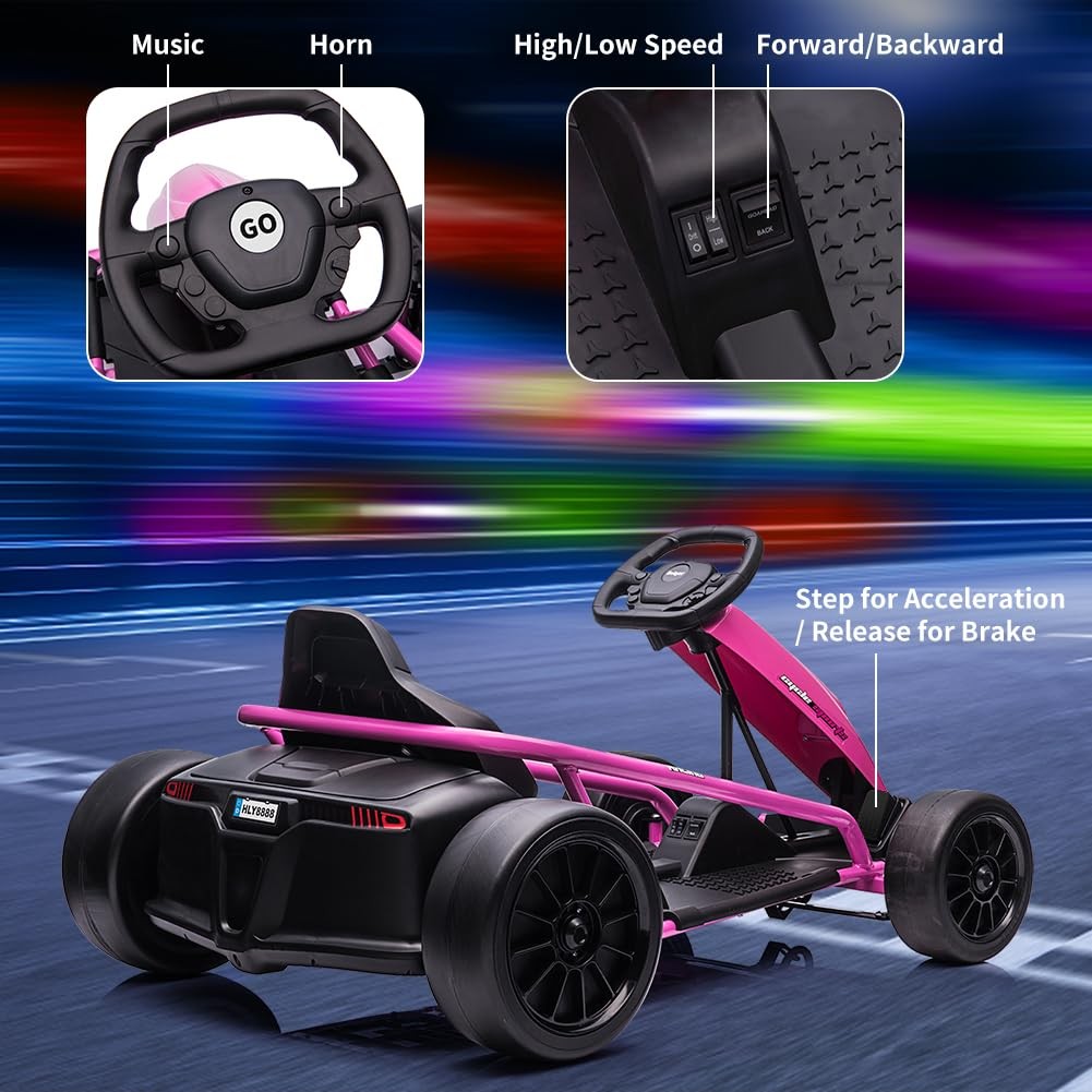24V Kids Ride on Go Kart 300W Extra Powerful Motors 8MPH Drifting w/ Music Horn