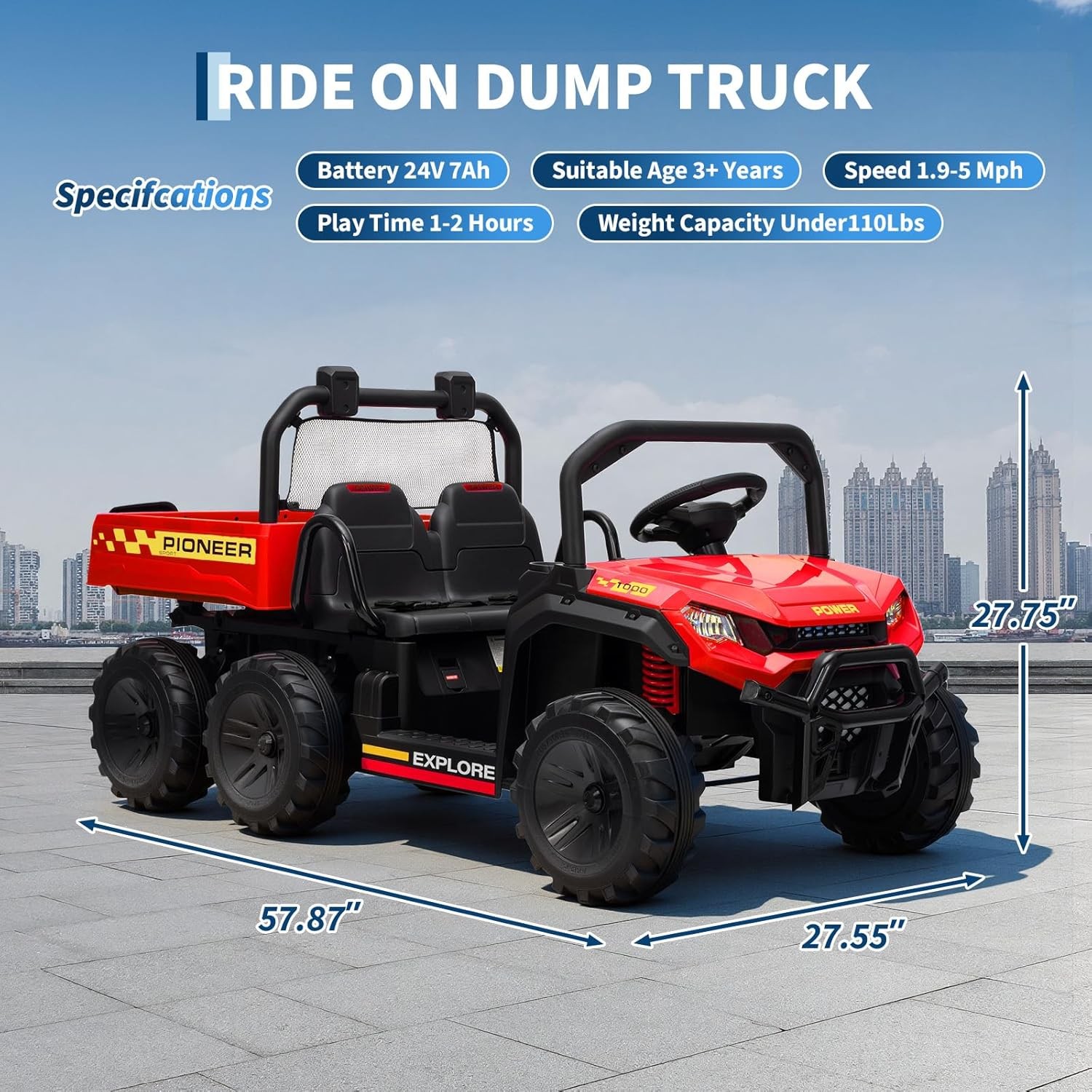 24V 2 Seater Ride on Car 4WD Dump Truck for Kids Ride on Toys for Boys Girls