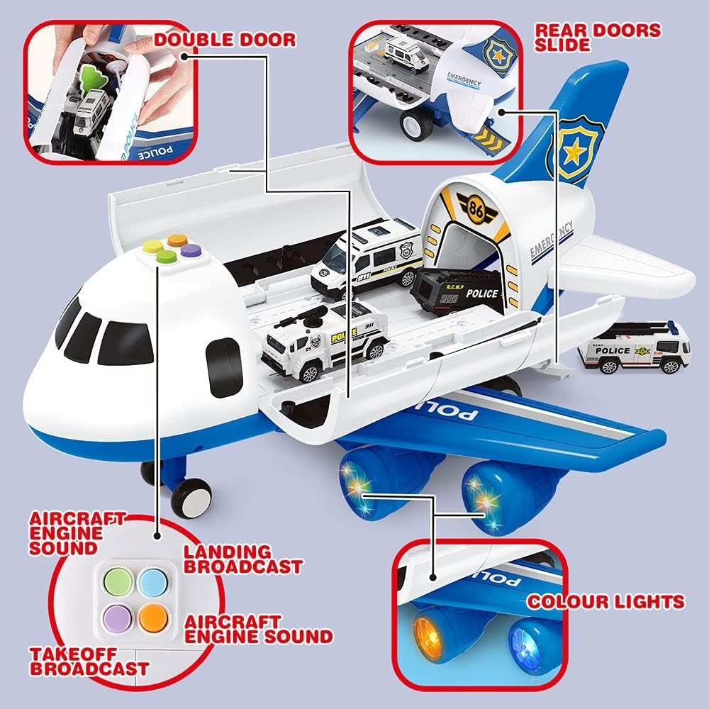 20-Piece Police Toy Airplane – Friction Powered, Metal Cars, Play Mat