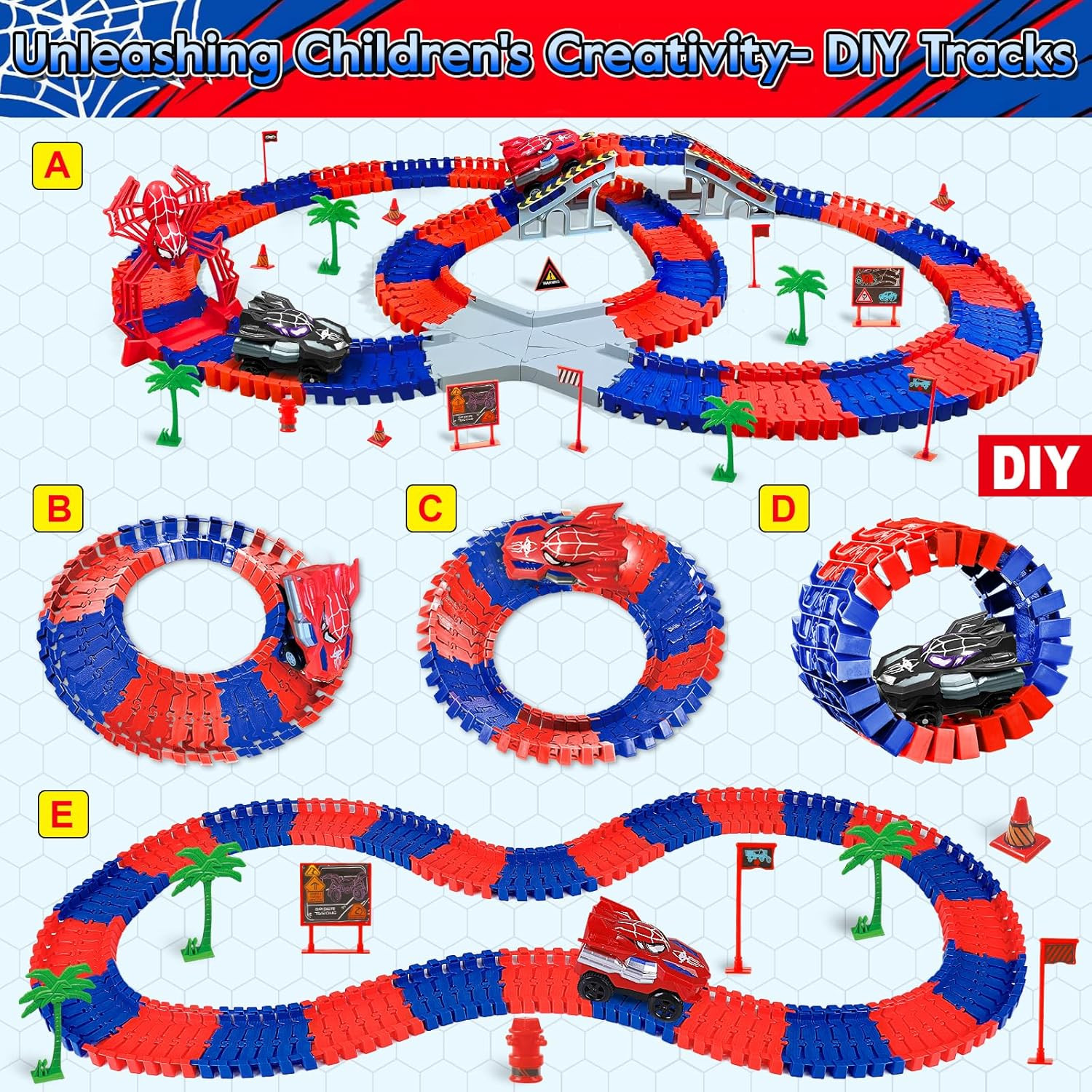 Spider Toys for Boys 4-6, 212 PCS Race Car Track for Kids Ages 4-8, Monster Truc