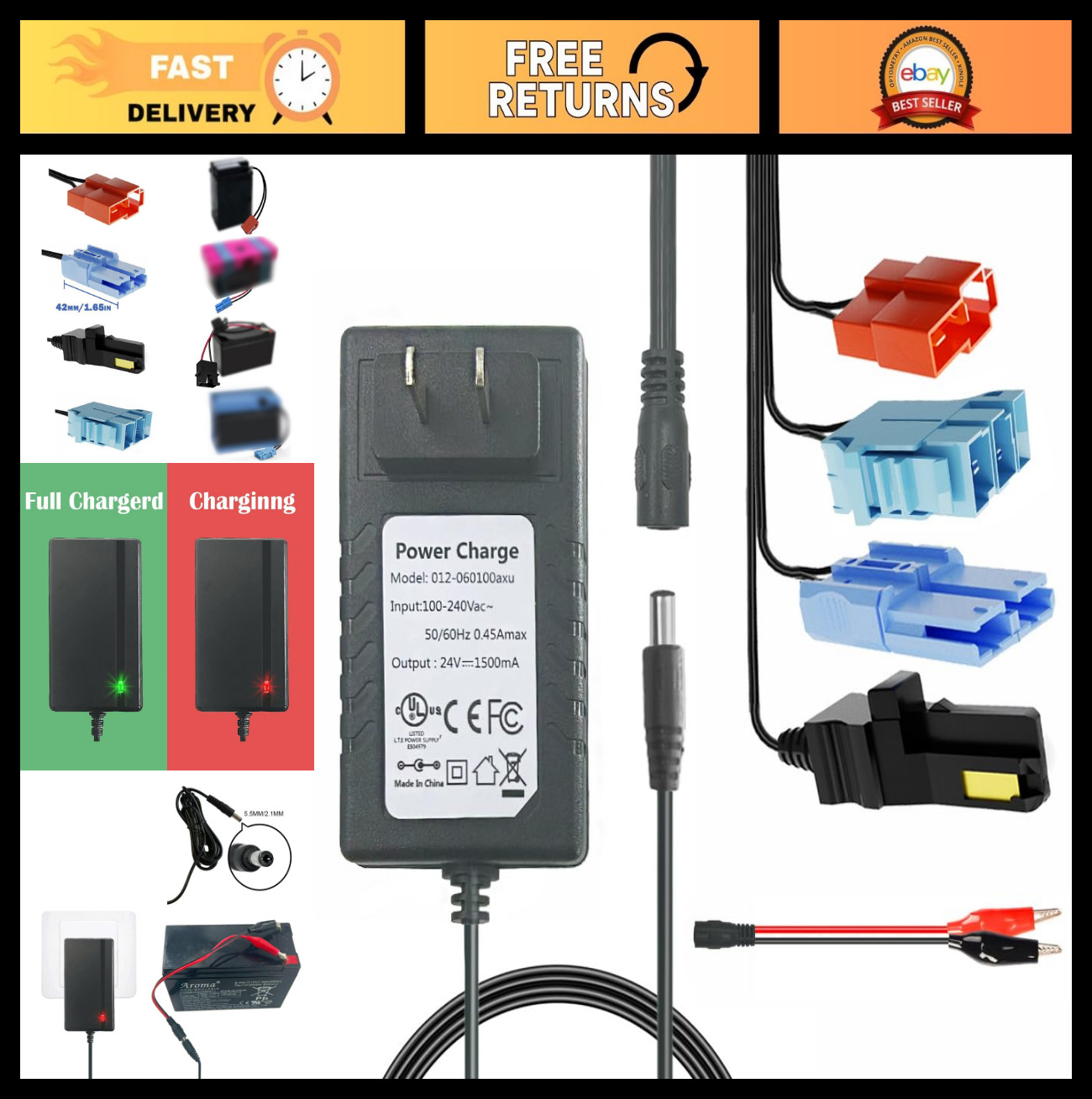 Universal 12V & 24V Charger for Kids Ride-On Cars, Power Wheels, LED Lights Adap
