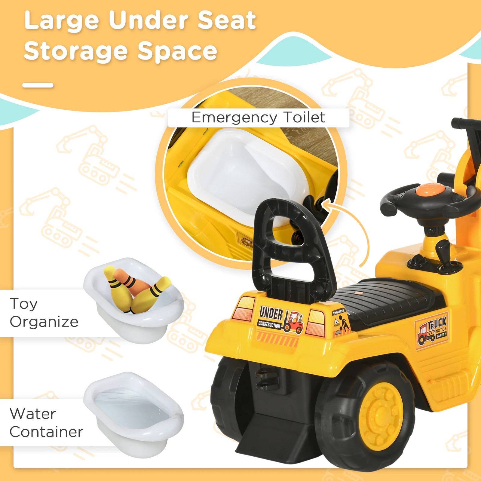 NO Power 3 in 1 Ride on Toy Excavator Digger Scooter Pulling Cart Pretend Play C
