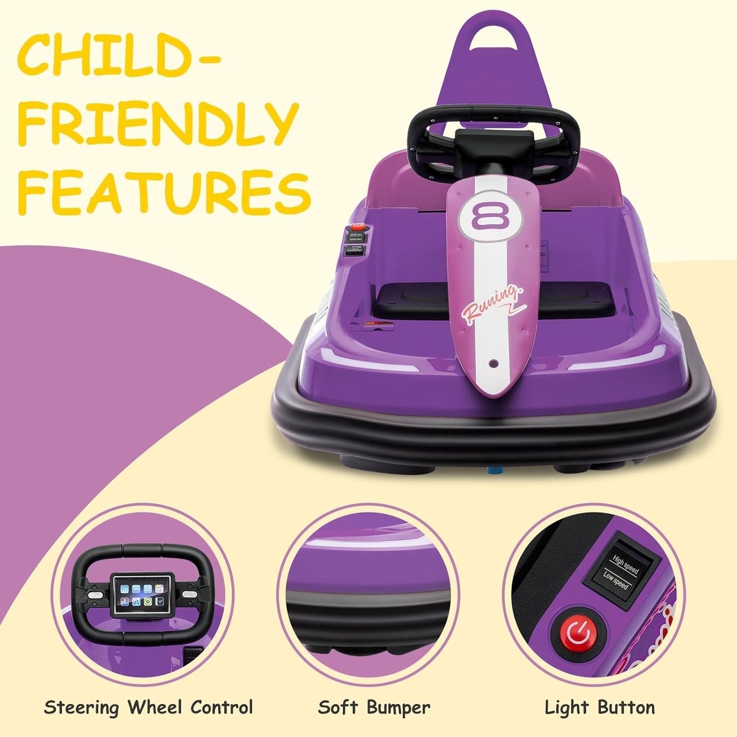 Kids Electric Bumper Car 6V, 1.9mph, Music/Horn, Seat Belt, Anti-Flat Tires