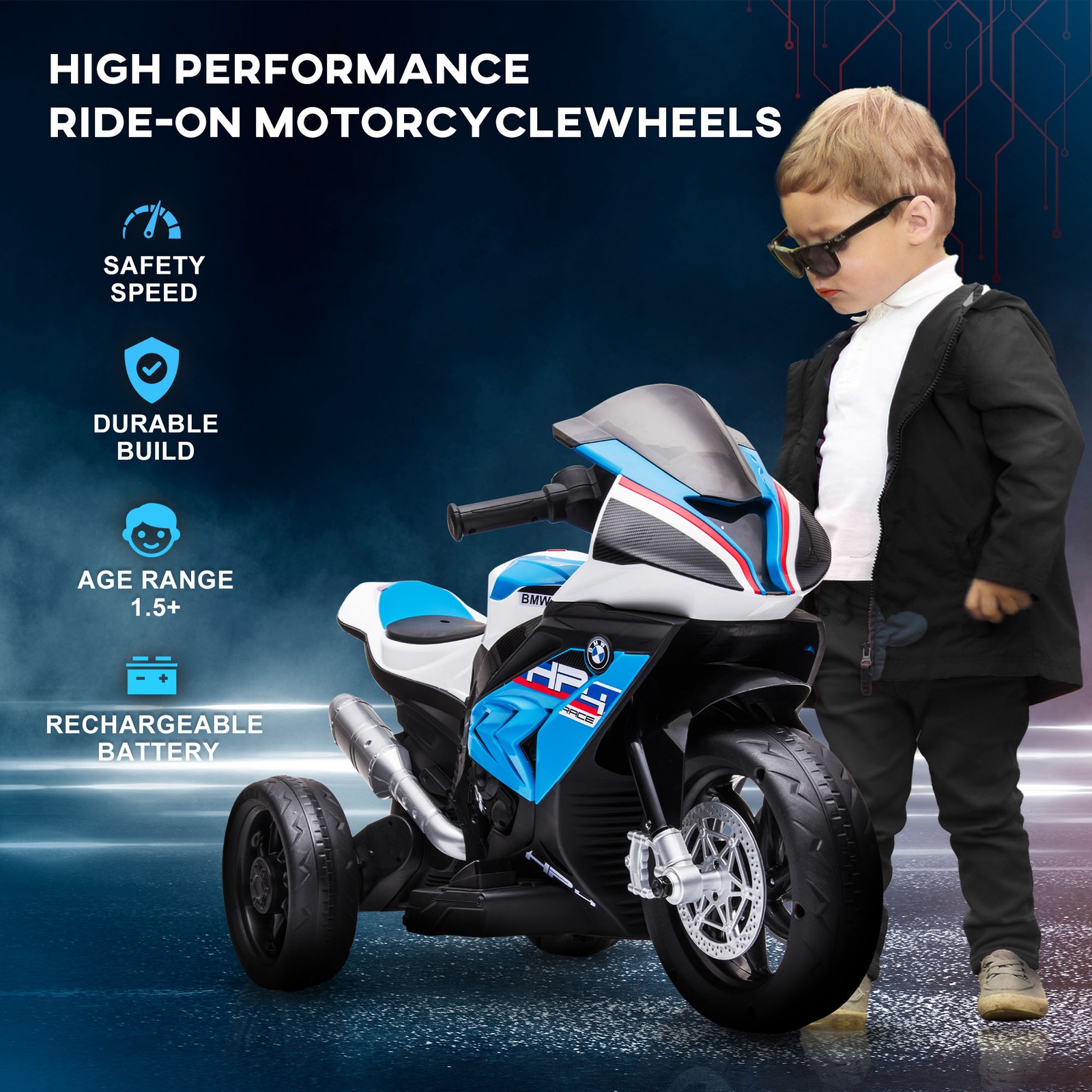 Multi-Terrain Motorbike for Kids, Battery-Operated Ride-on Vehicle Blue