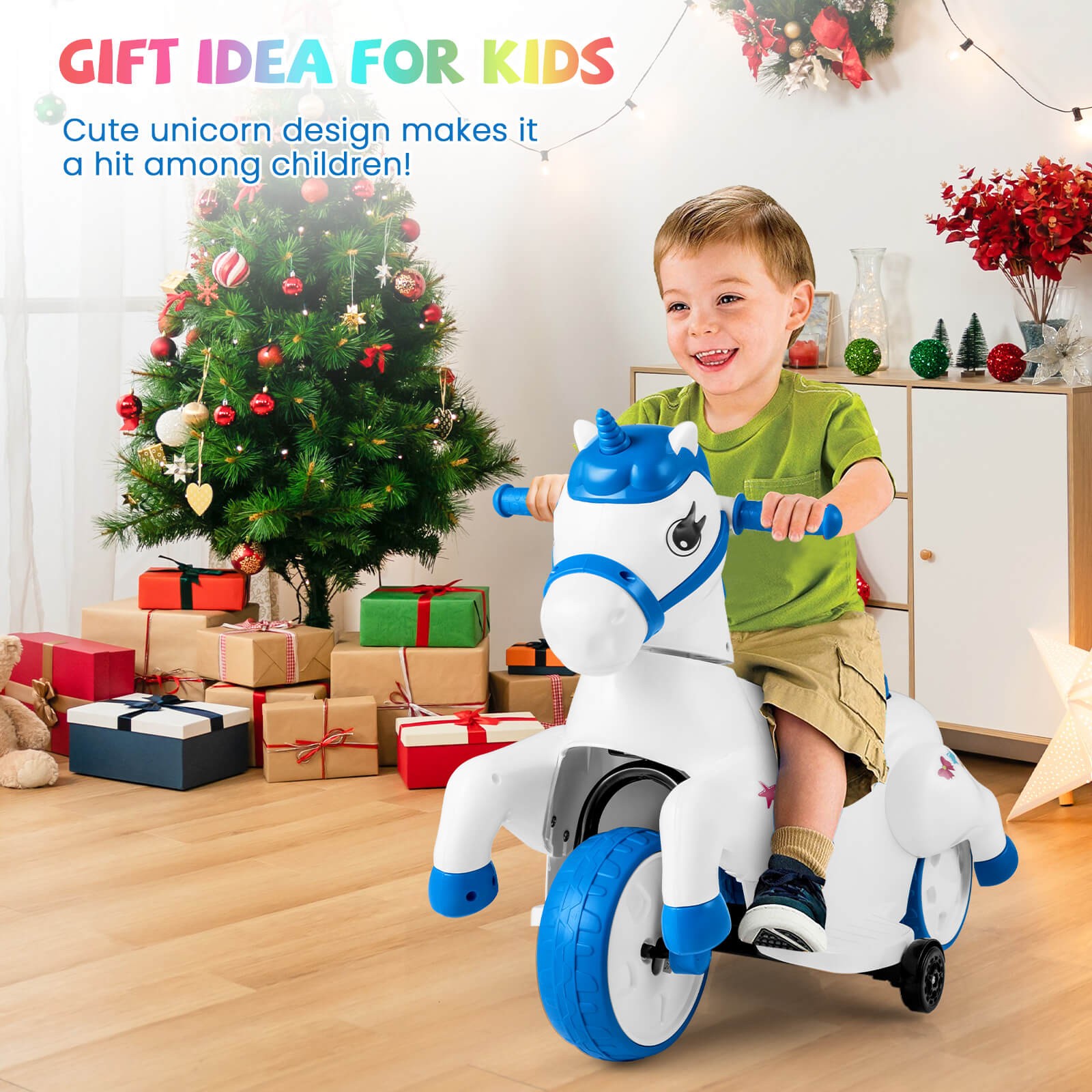 12V Kids Ride on Unicorn Toy W/ Training Wheels Music One-button Start Horse Toy