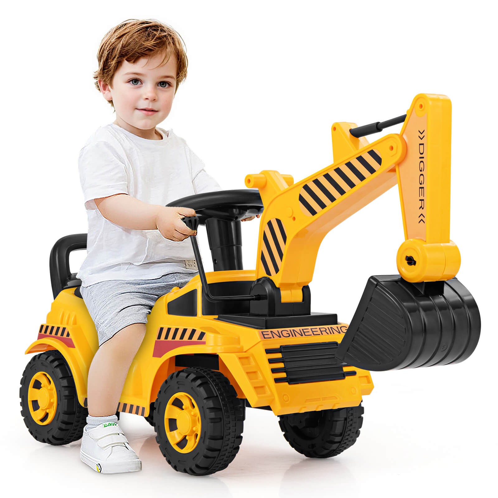 Kids Ride on Excavator with Adjustable Shovel Anti-Tipping Block Engine Sound