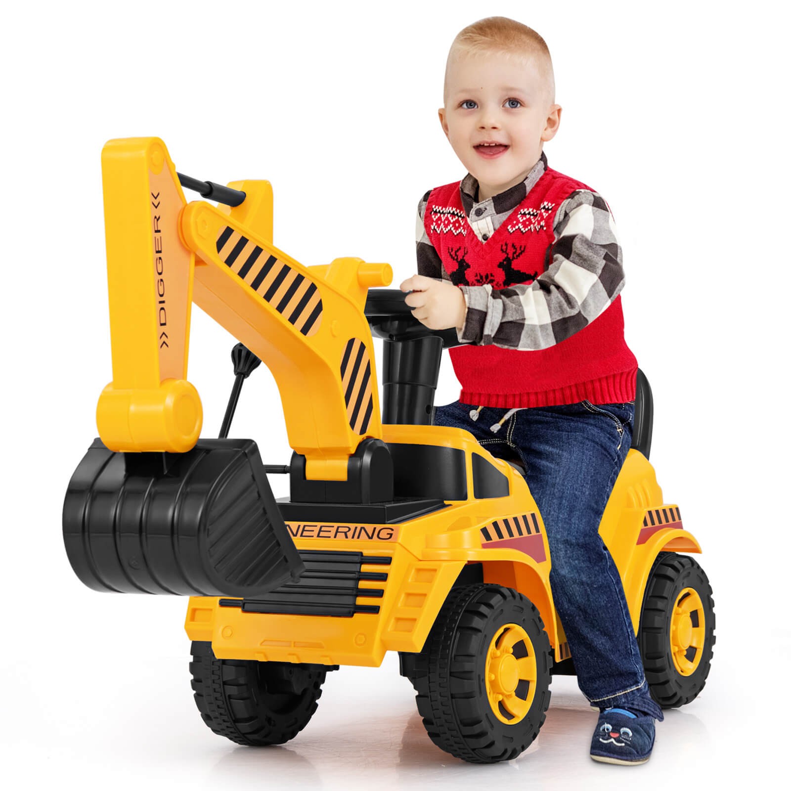 Kids Ride on Excavator w/ Adjustable Shovel Anti-Tipping Block Engine Sound