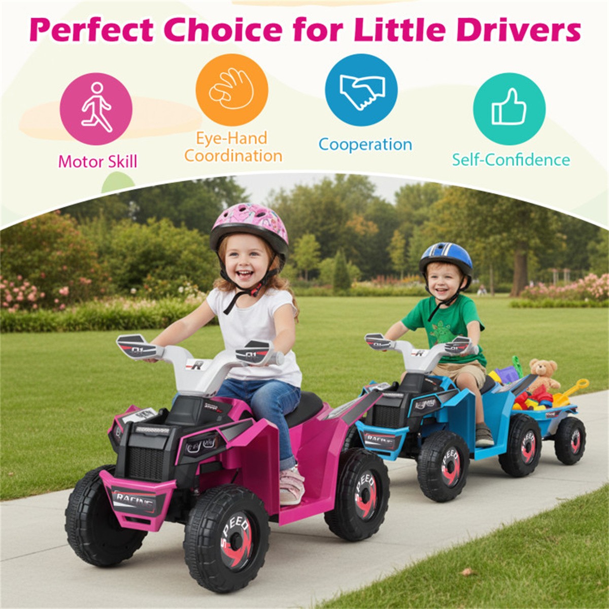 Kids Ride On ATV with Removable Trailer 6V Electric Quad for Toddlers Ages 3+
