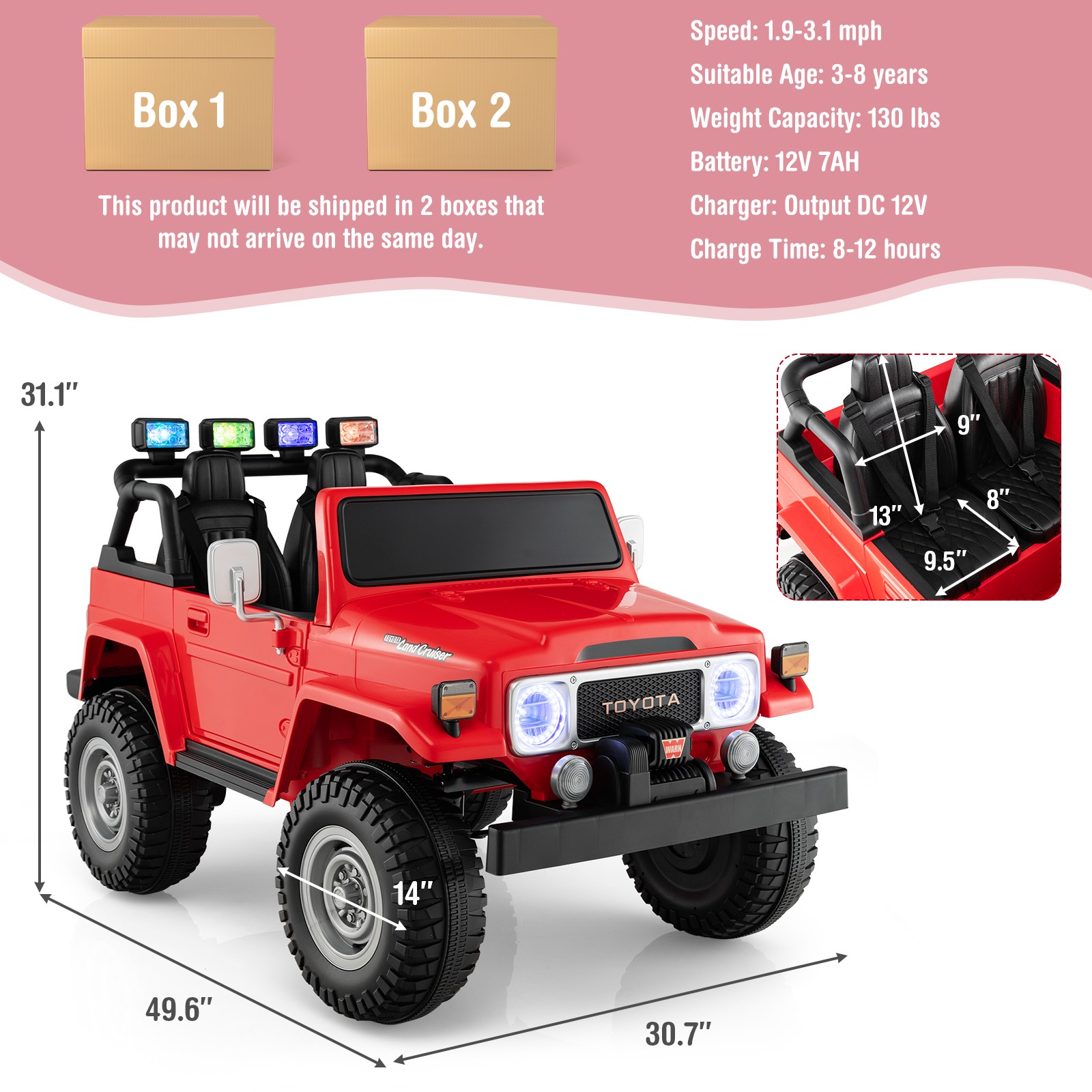 2 Seater Ride On Truck Car 12V Licensed Toyota FJ40 RC w/ Laser Light & Music