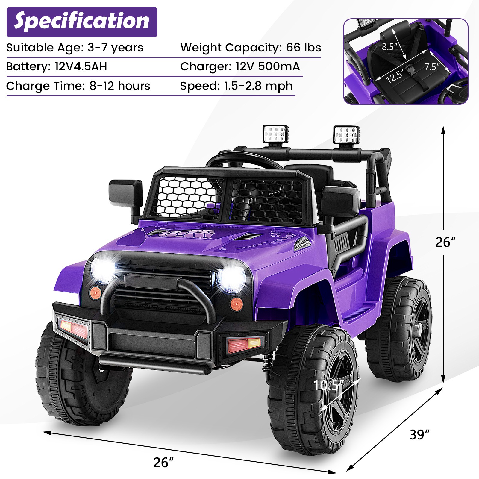 12V Kids Ride On Truck Car Electric Vehicle Remote w/ Music & Light Purple