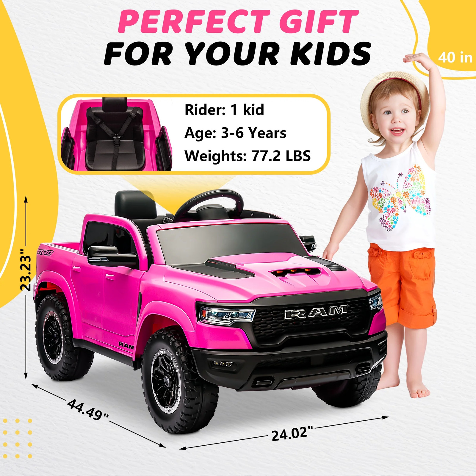 RAM Ride on Car, 12V Powered Ride on Toy with Remote Control, 4 Wheel Suspension