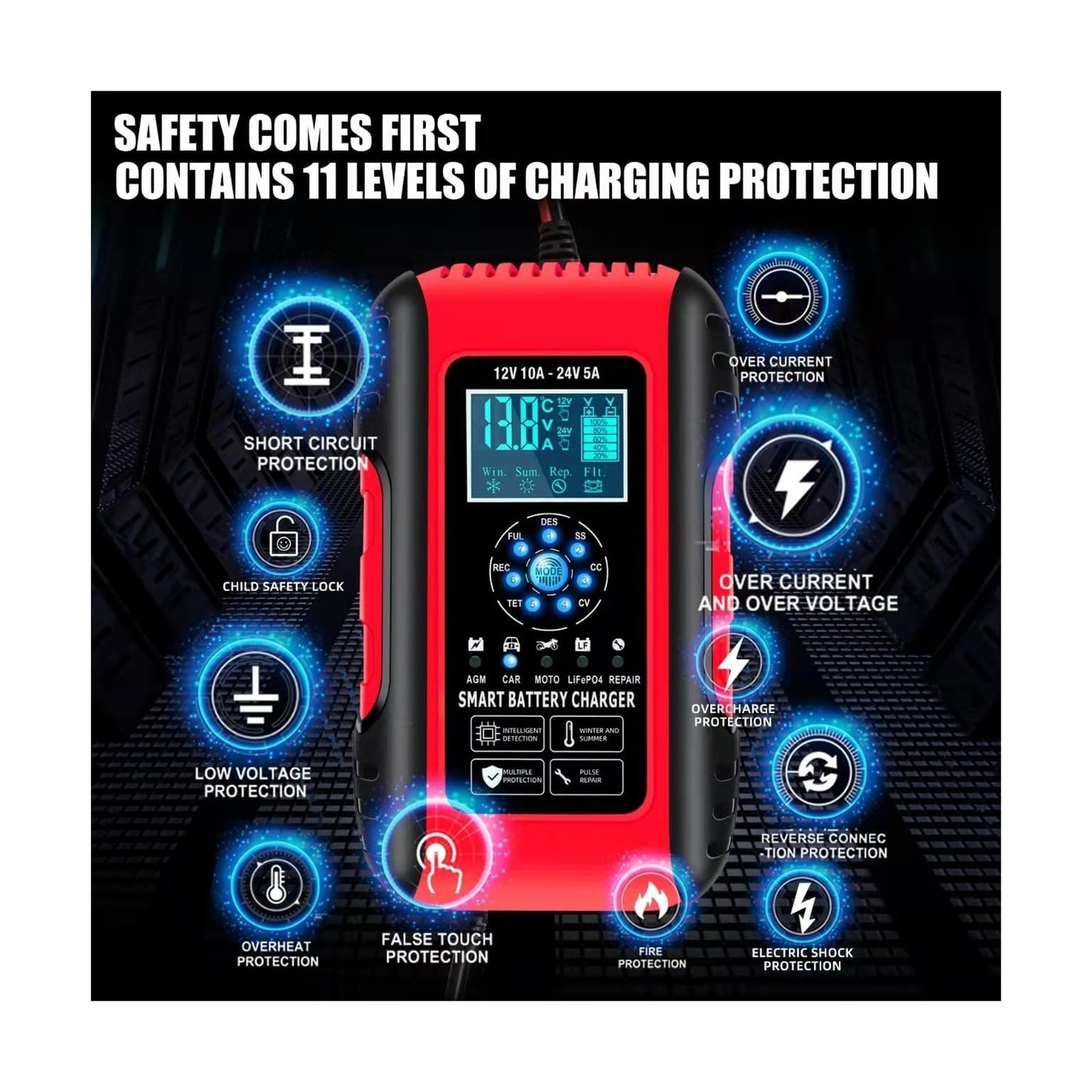 E-FAST Battery Charger 10-Amp 12/24V LiFePO4 Lead Acid Fully Automatic Batter…