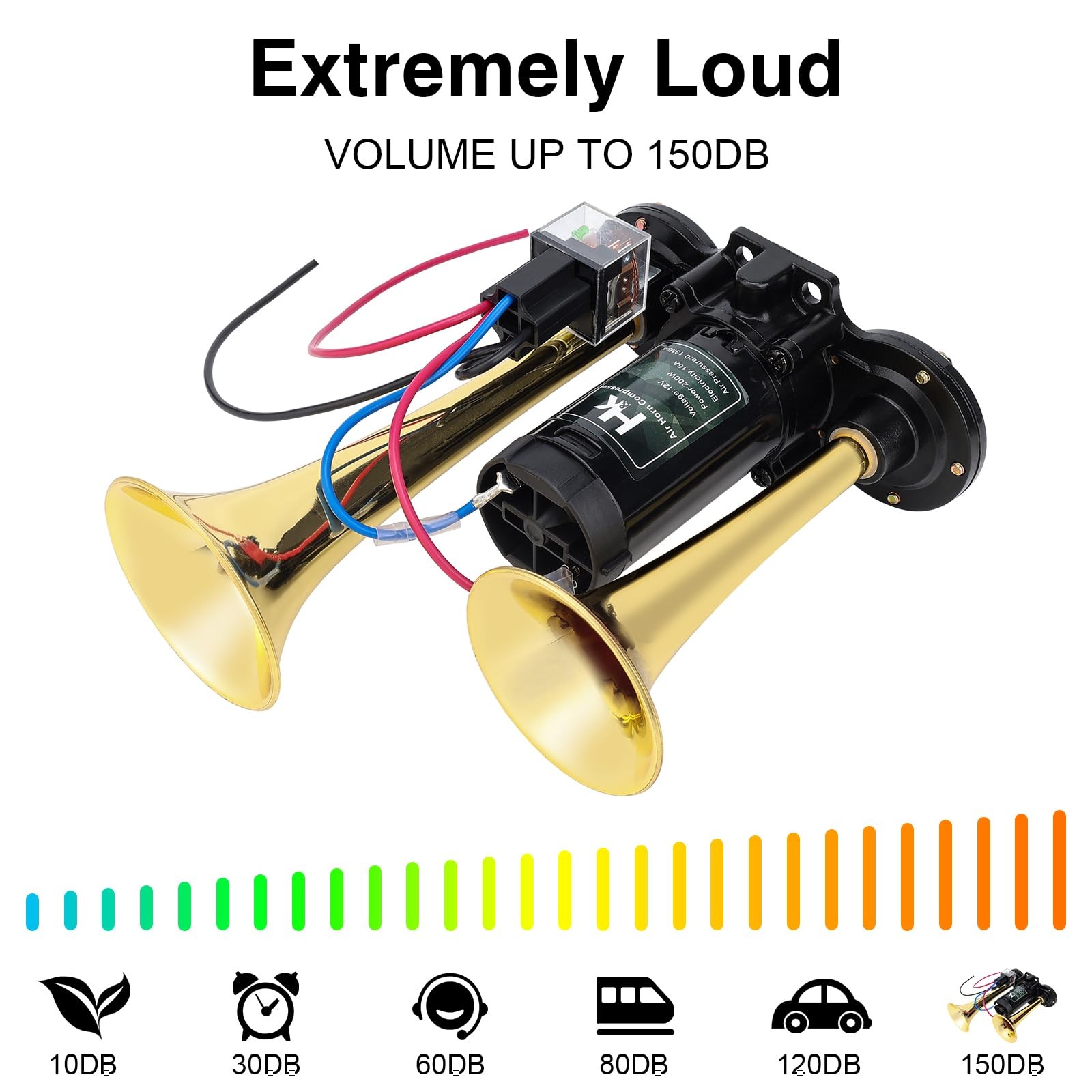 150db Super Loud Dual Trumpet Air Horn Kit with Compressor for Vehicles, Truc…