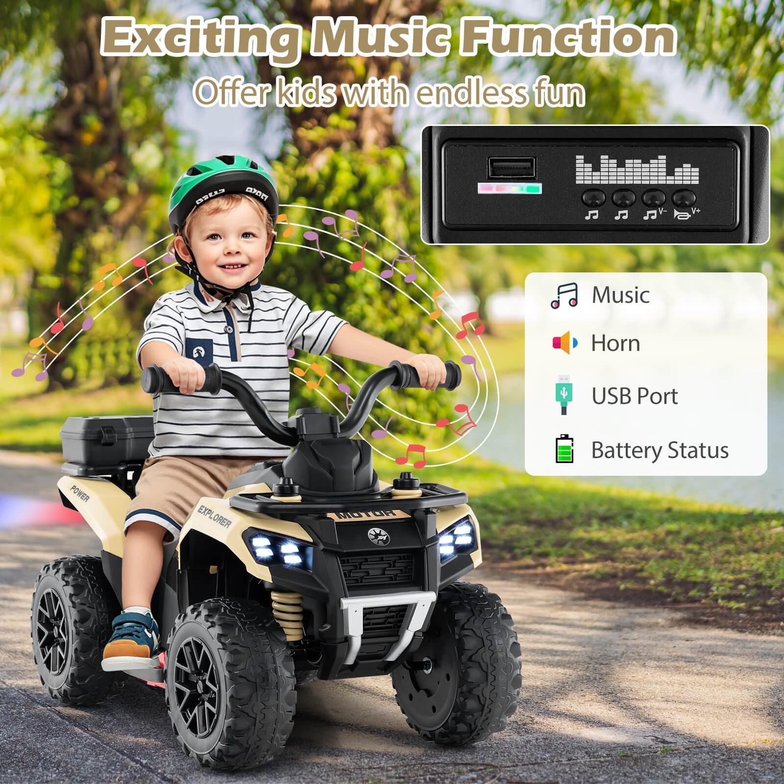 6V Kids Ride On ATV w/ Music & Spray Function USB Port Storage Box Toy Car
